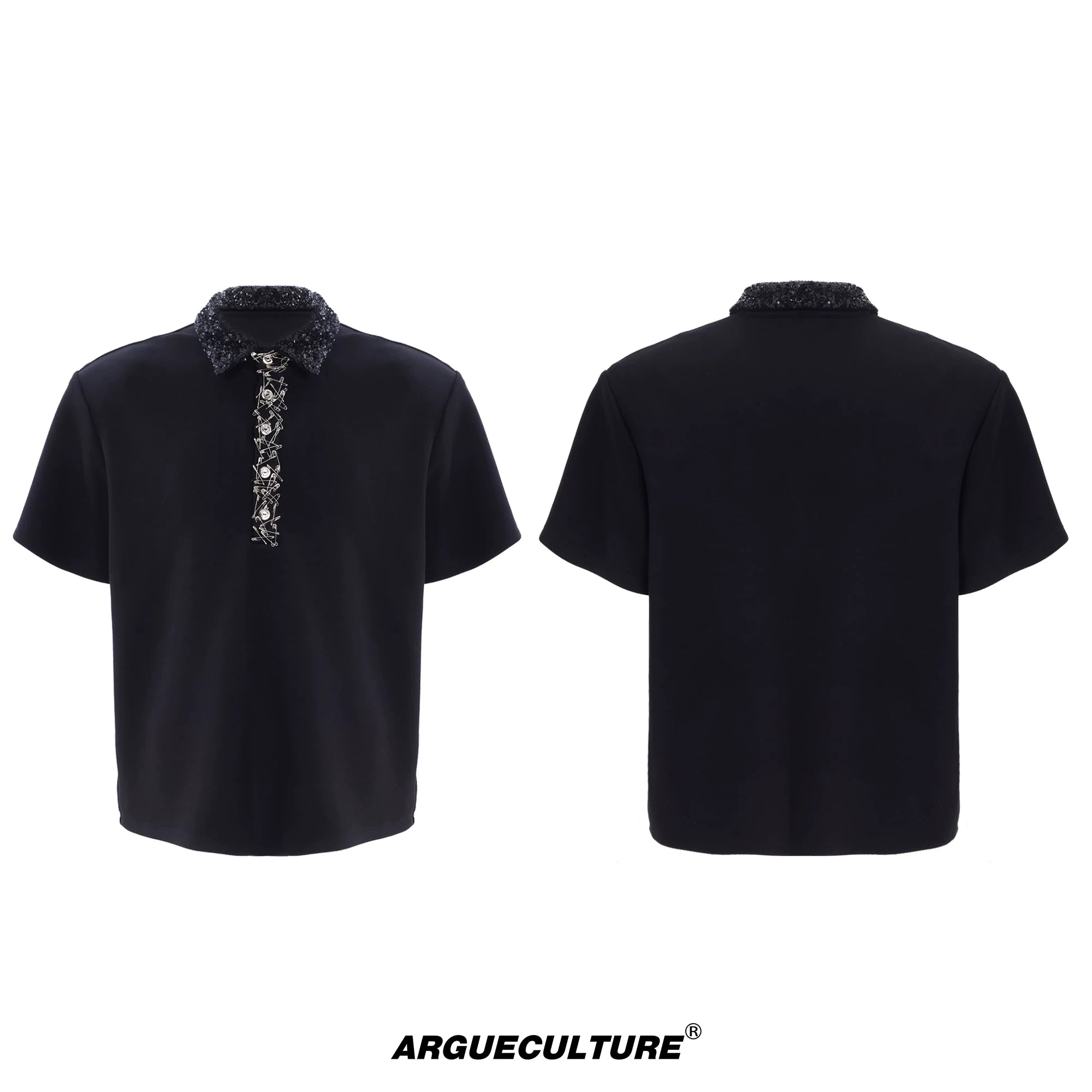 Sequined Square-Neck Polo T-Shirt with Pin Detail - Black