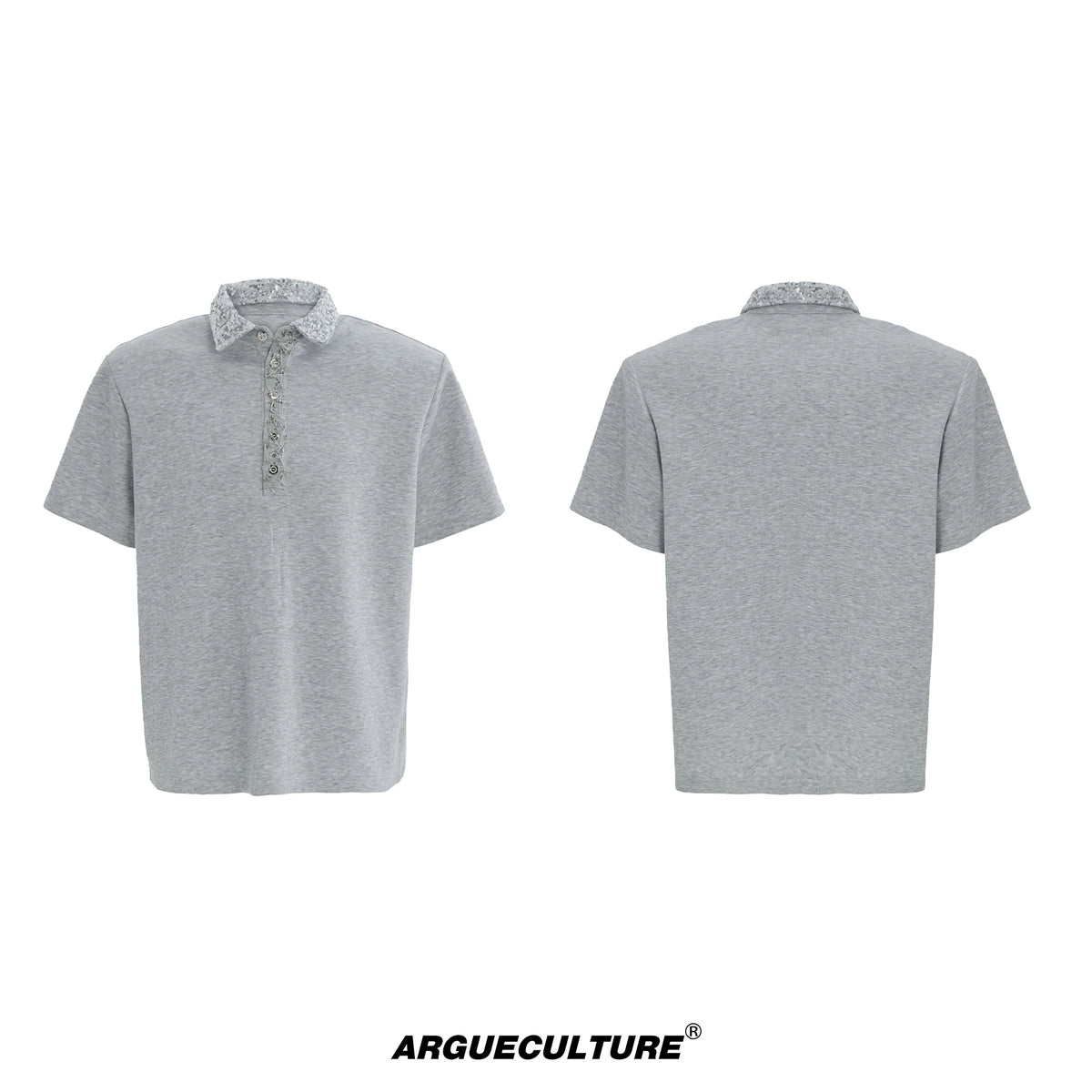 Sequined Square-Neck Polo T-Shirt with Pin Detail - Gray