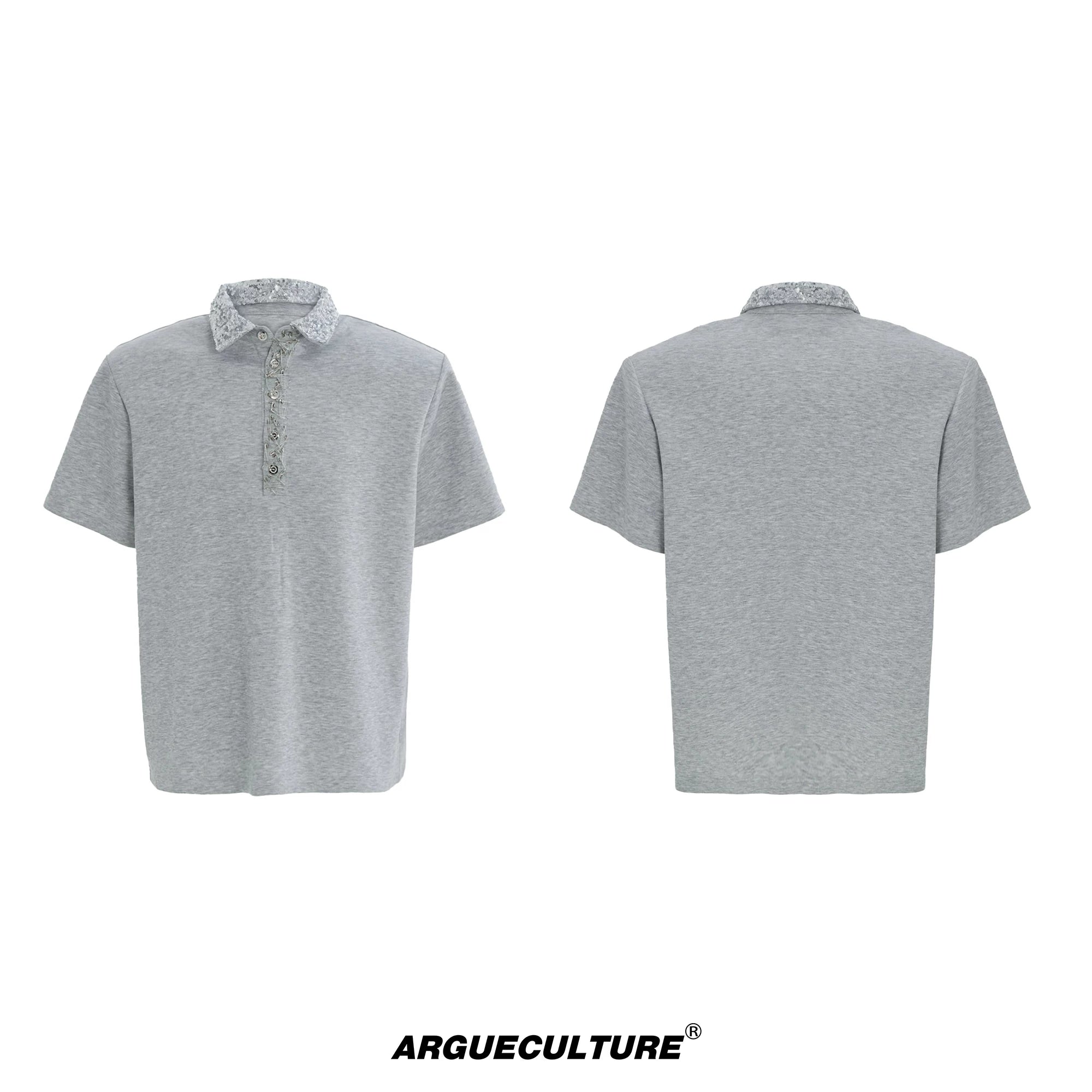 Sequined Square-Neck Polo T-Shirt with Pin Detail - Gray