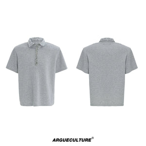 Sequined Square-Neck Polo T-Shirt with Pin Detail - Gray