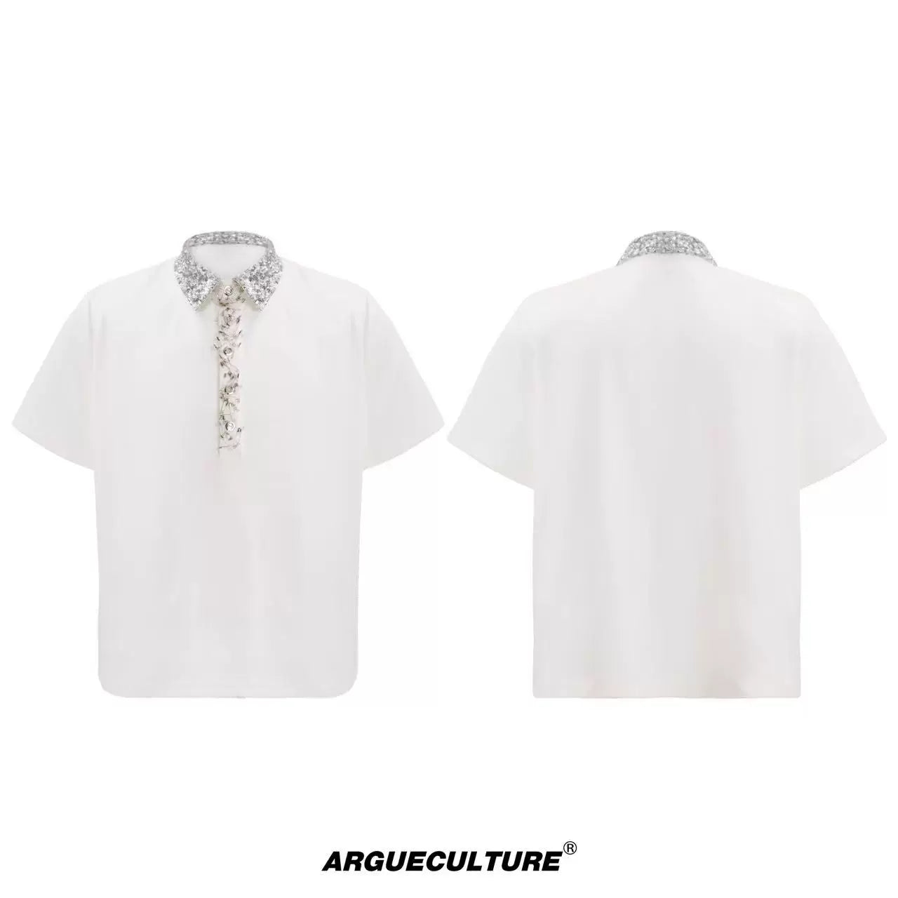 Sequined Square-Neck Polo T-Shirt with Pin Detail - White