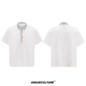 Sequined Square-Neck Polo T-Shirt with Pin Detail - White