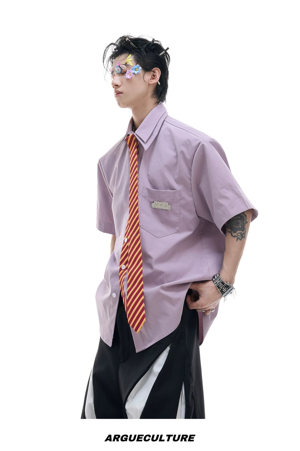 Relaxed Double-Collar Tie Shirt in Lavender - description image 10
