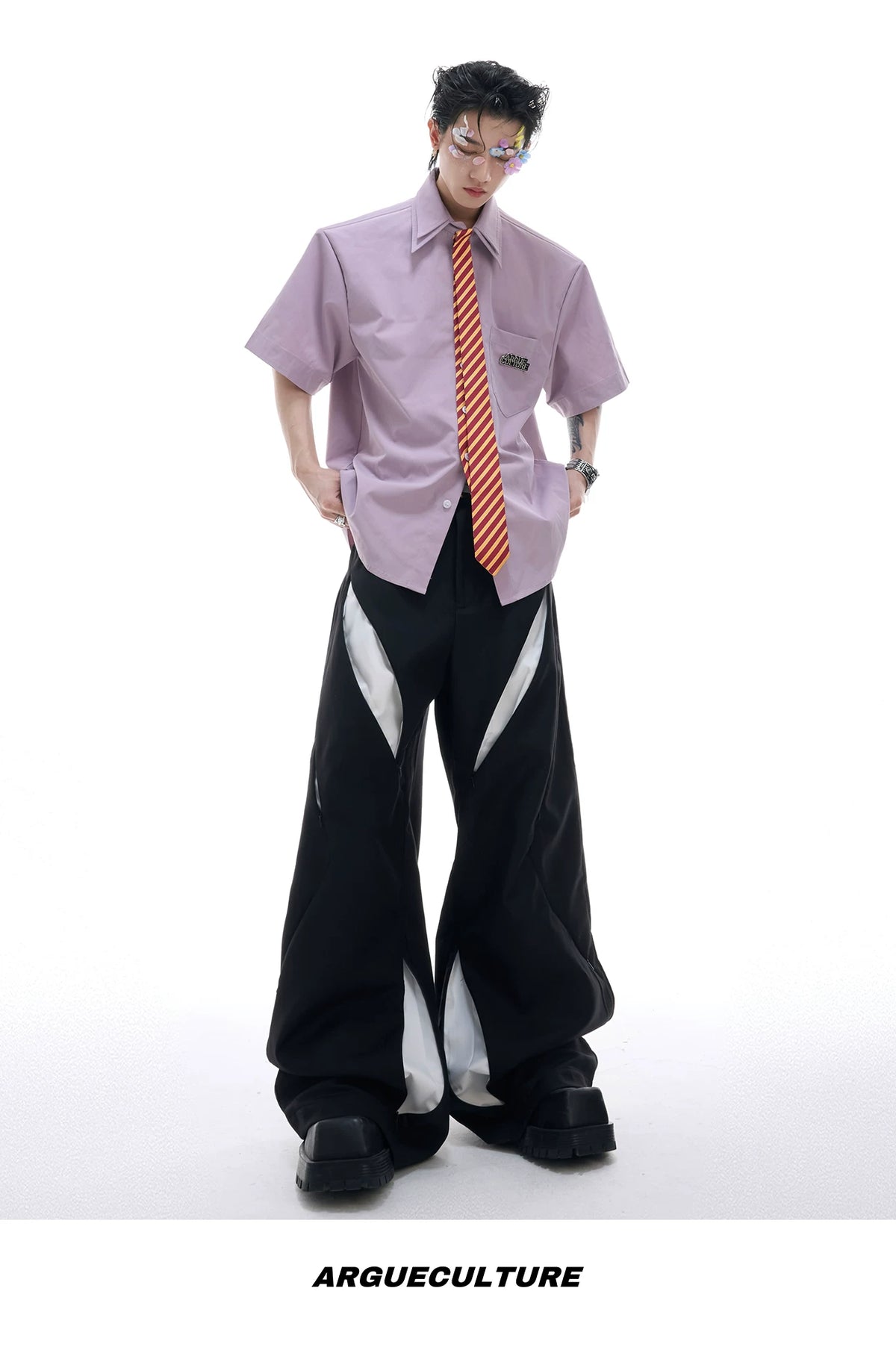 Relaxed Double-Collar Tie Shirt in Lavender - description image 14