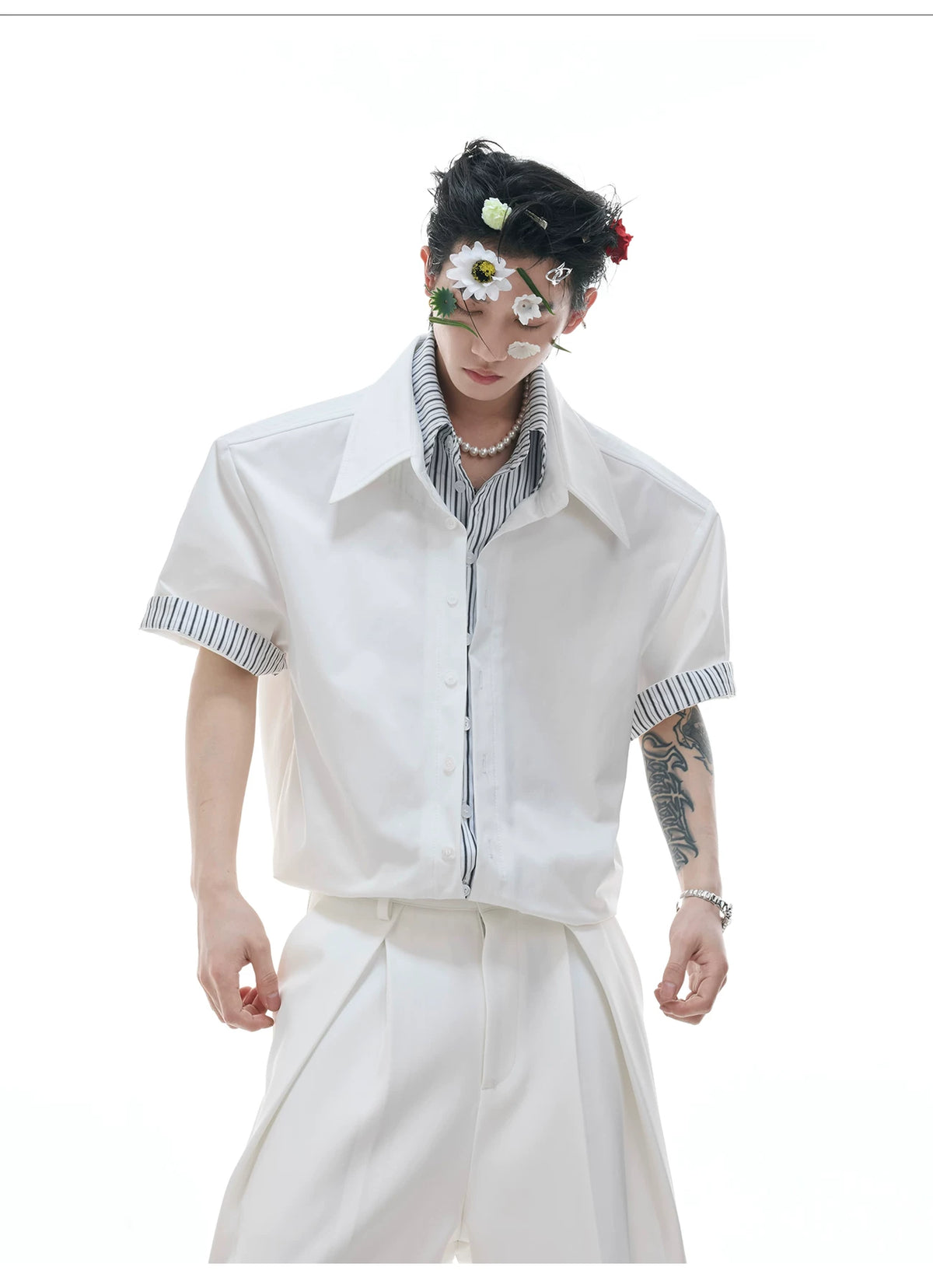 Relaxed Striped Faux Two-Piece Short-Sleeve Shirt - description image 3