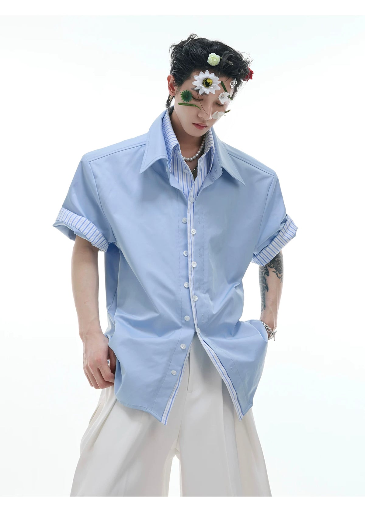Relaxed Striped Faux Two-Piece Short-Sleeve Shirt - description image 5