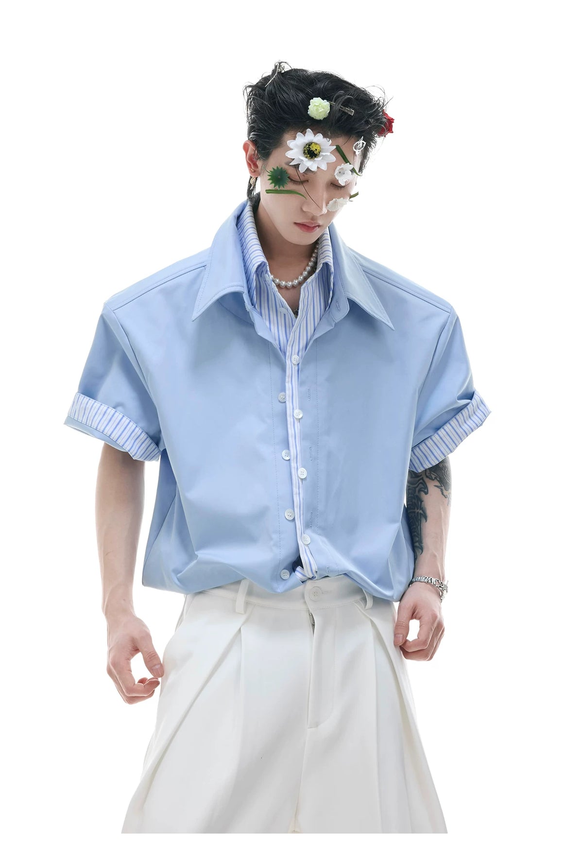 Relaxed Striped Faux Two-Piece Short-Sleeve Shirt - description image 6