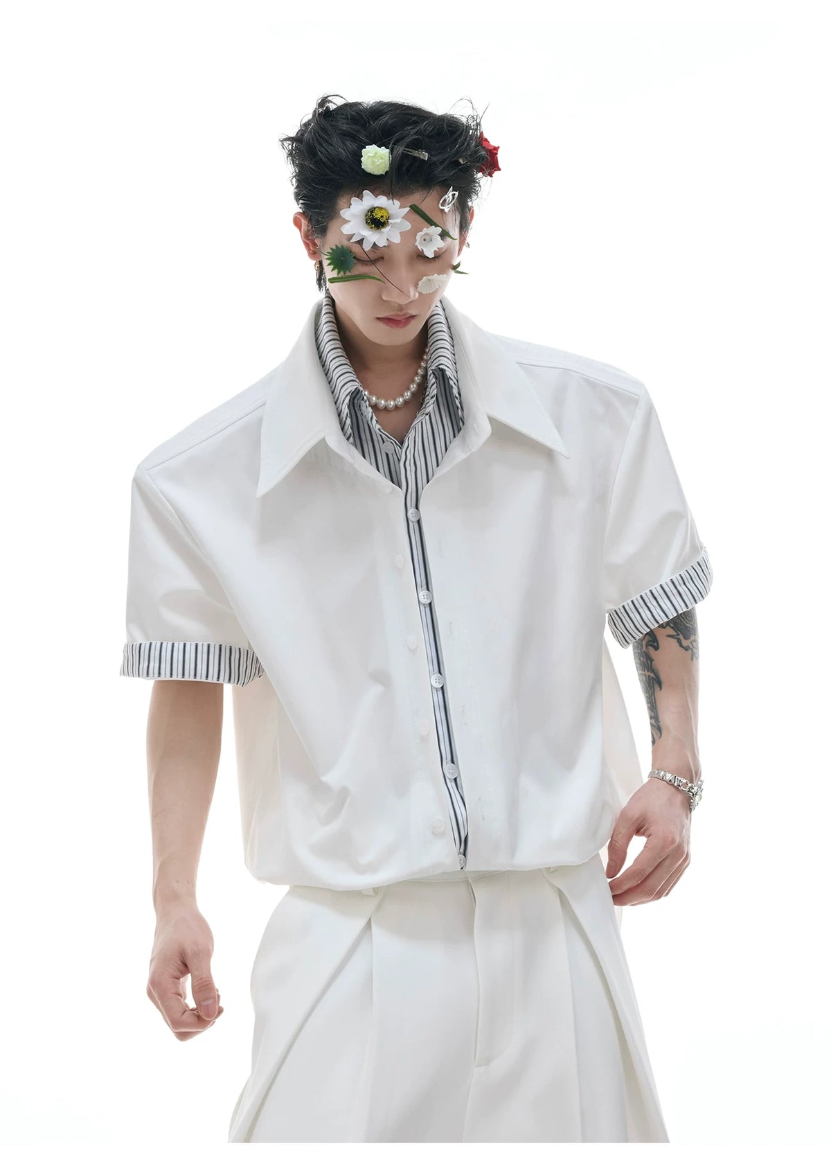 Relaxed Striped Faux Two-Piece Short-Sleeve Shirt - description image 9
