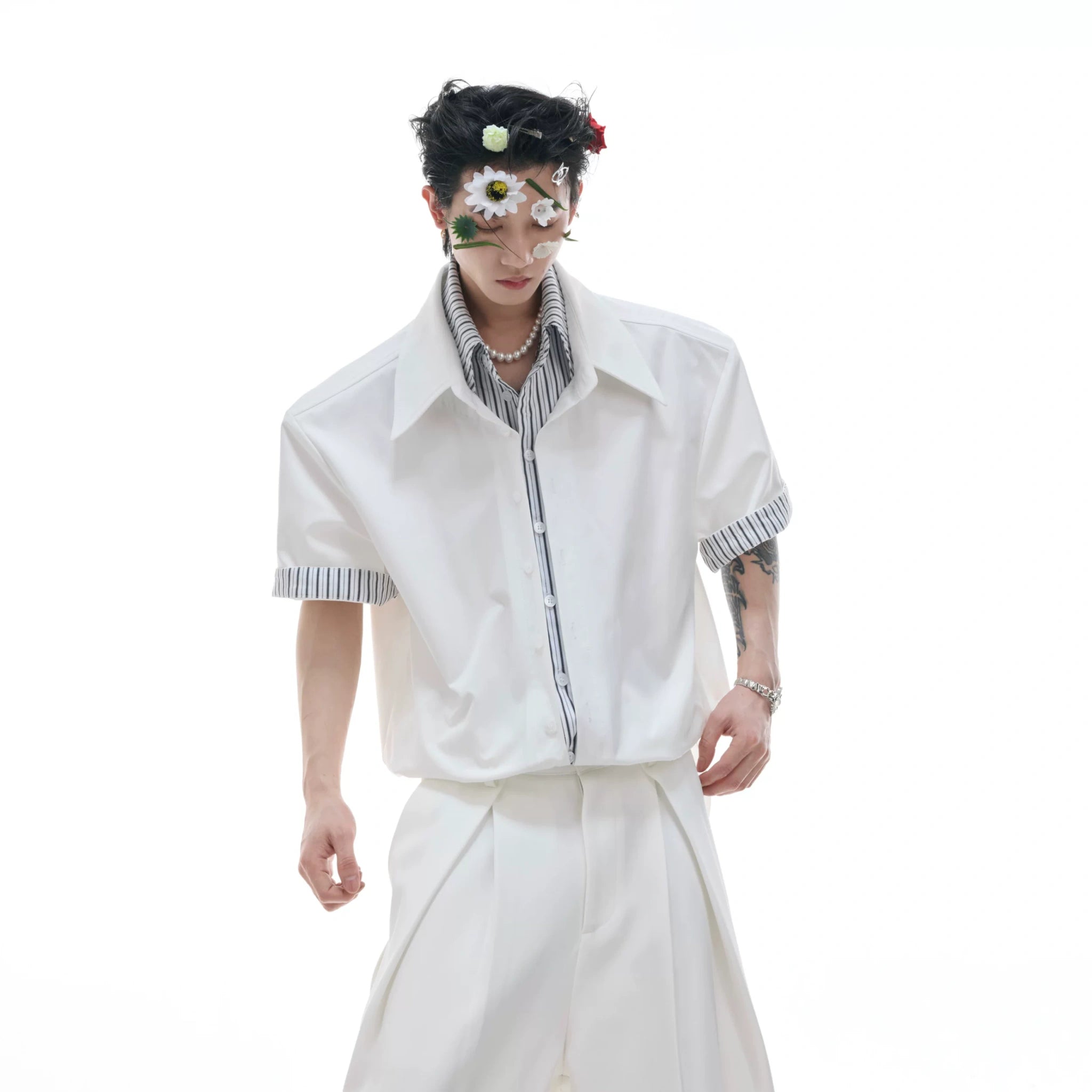 Relaxed Striped Faux Two-Piece Short-Sleeve Shirt - main image 2