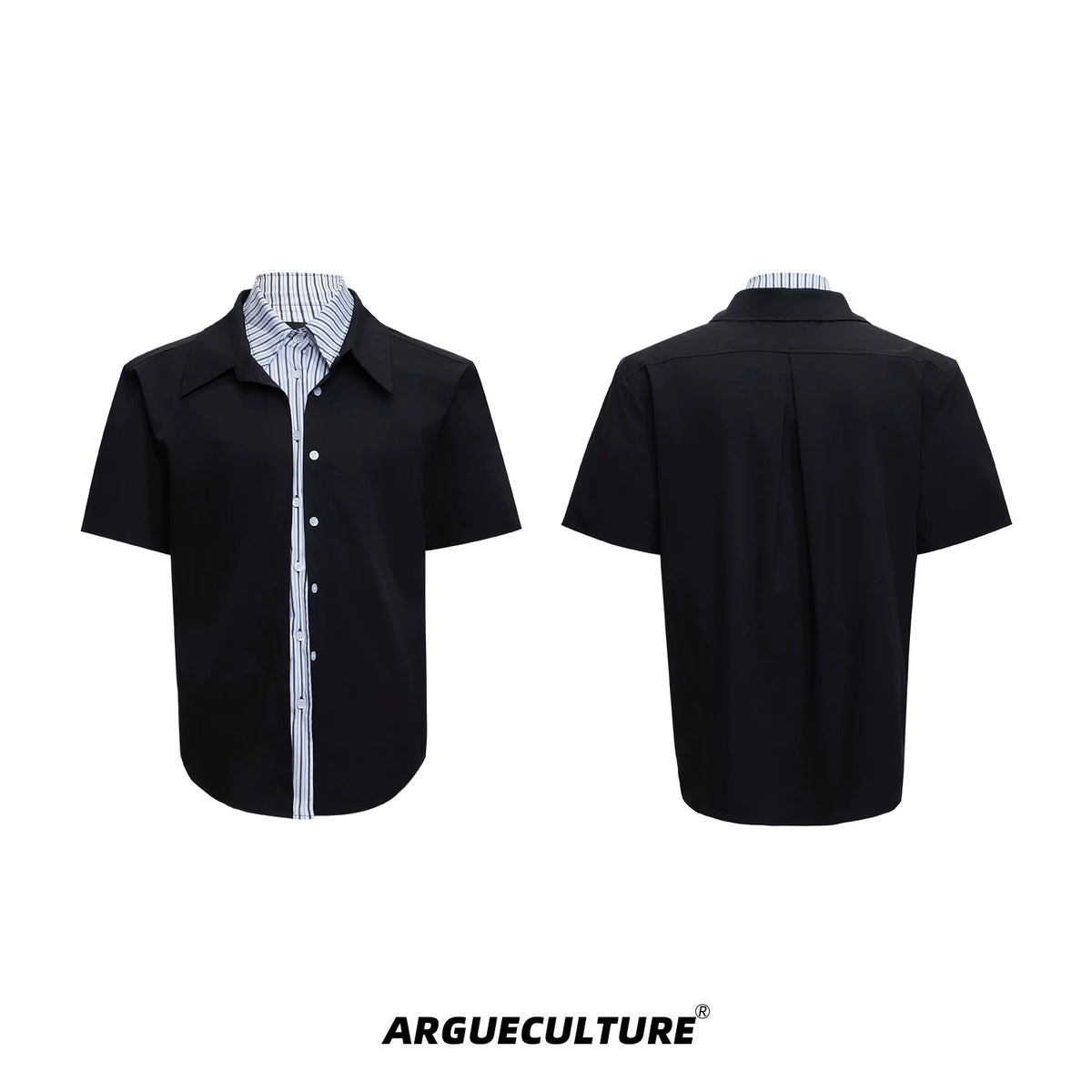 Relaxed Striped Faux Two-Piece Short-Sleeve Shirt - Black