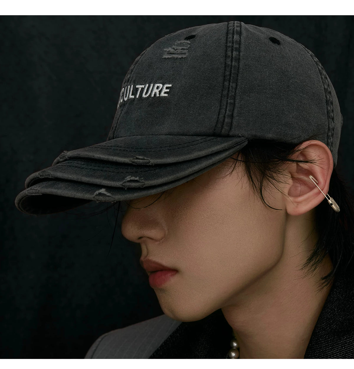 Washed Cotton Layered-Brim Baseball Cap in Gray - description image 3
