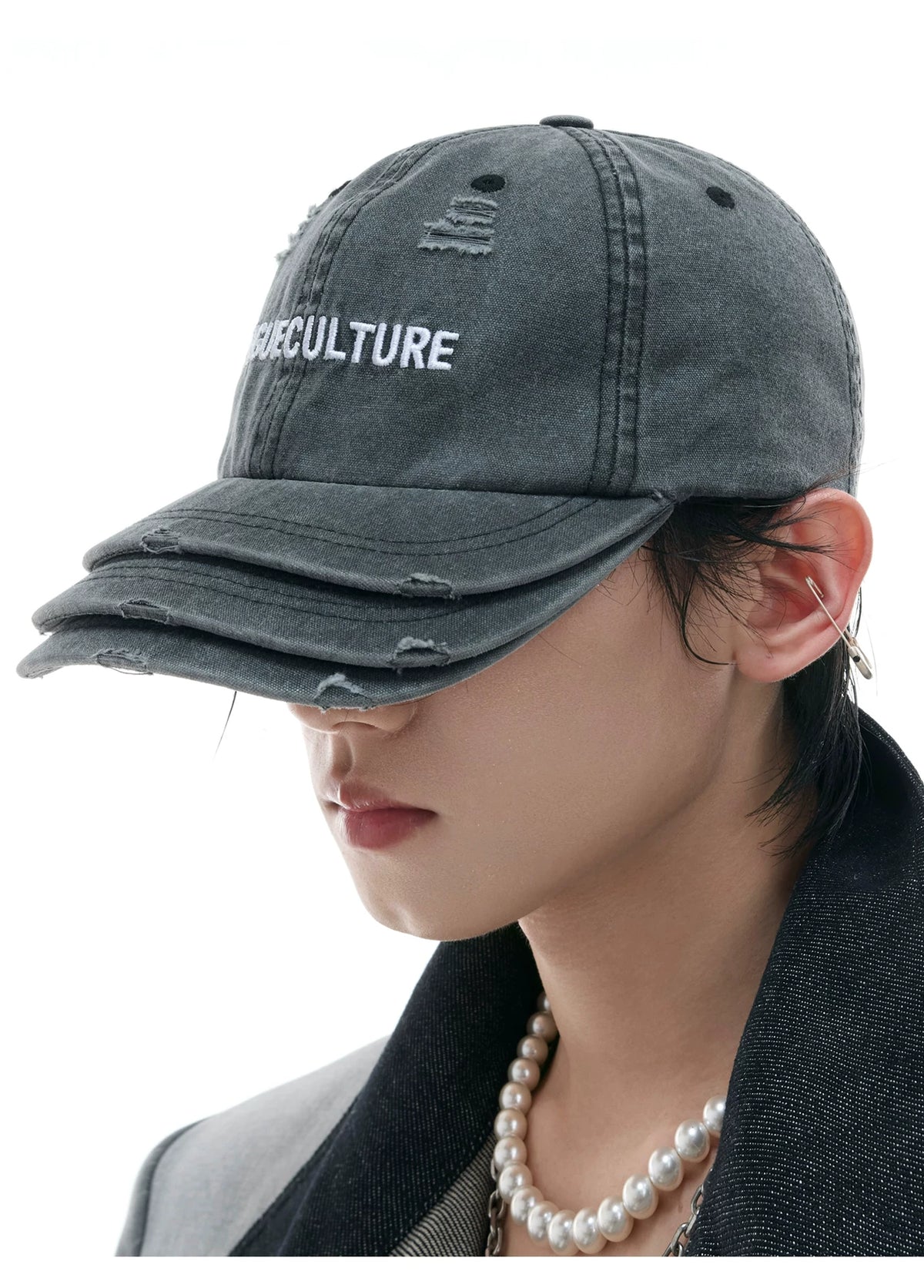 Washed Cotton Layered-Brim Baseball Cap in Gray - description image 4