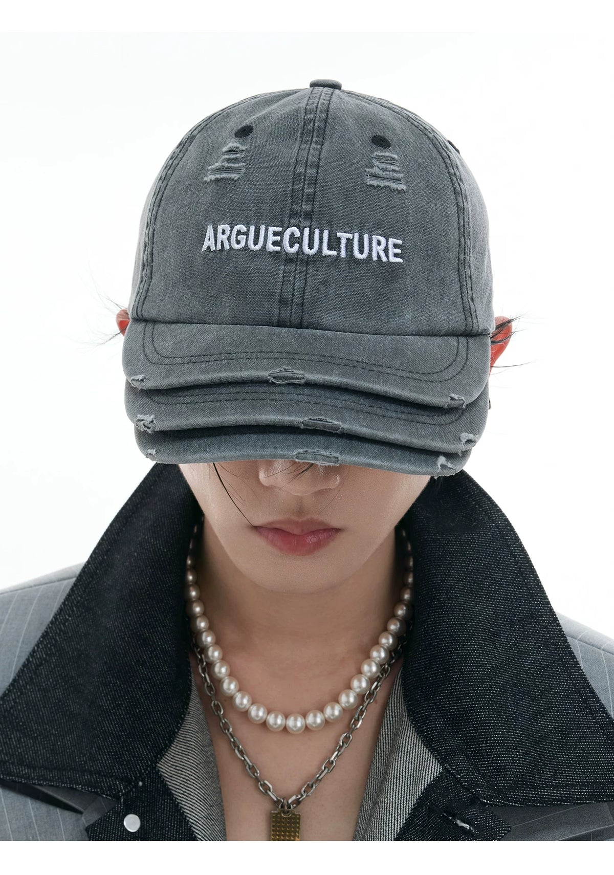 Washed Cotton Layered-Brim Baseball Cap in Gray - description image 6