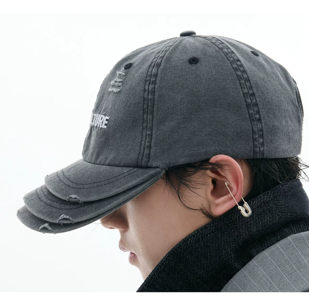 Washed Cotton Layered-Brim Baseball Cap in Gray - description image 7