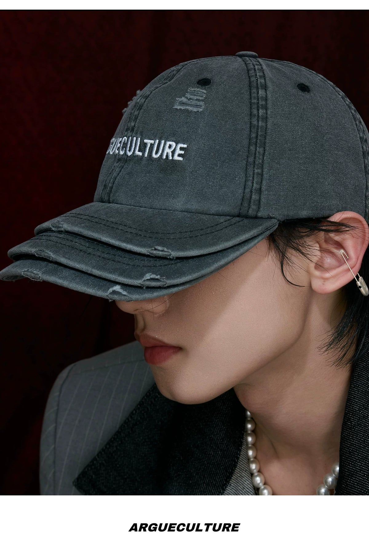 Washed Cotton Layered-Brim Baseball Cap in Gray - description image 8
