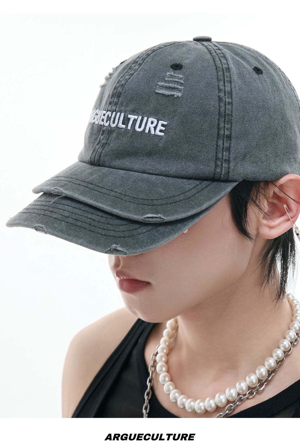 Washed Cotton Layered-Brim Baseball Cap in Gray - description image 11