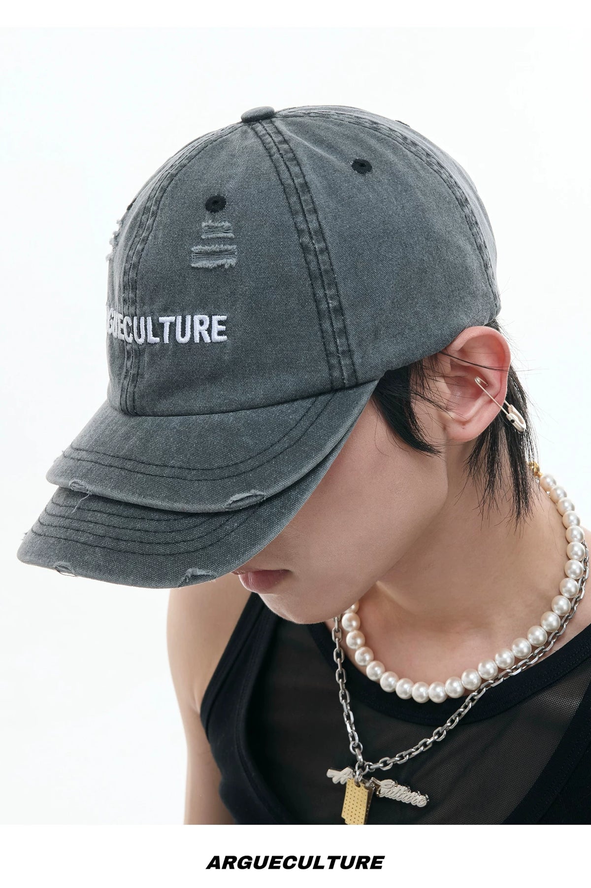 Washed Cotton Layered-Brim Baseball Cap in Gray - description image 12