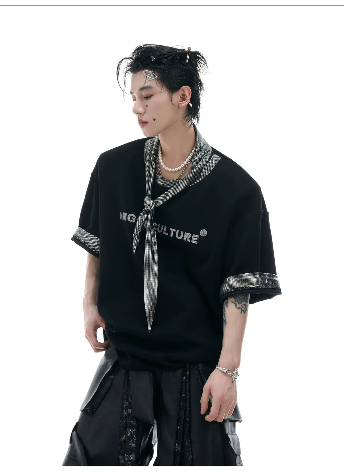 Metallic Tie Graphic T-Shirt | Relaxed Cotton Tee - description image 2
