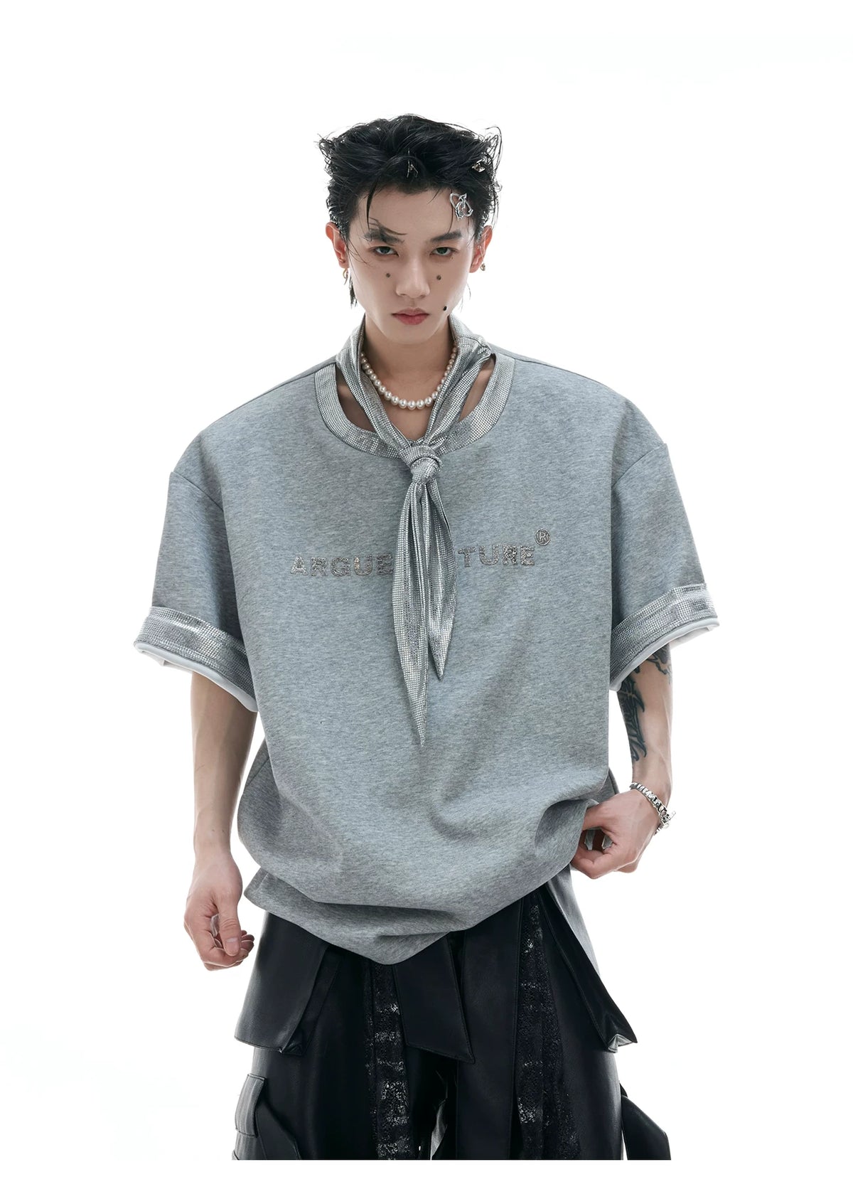 Metallic Tie Graphic T-Shirt | Relaxed Cotton Tee - description image 4