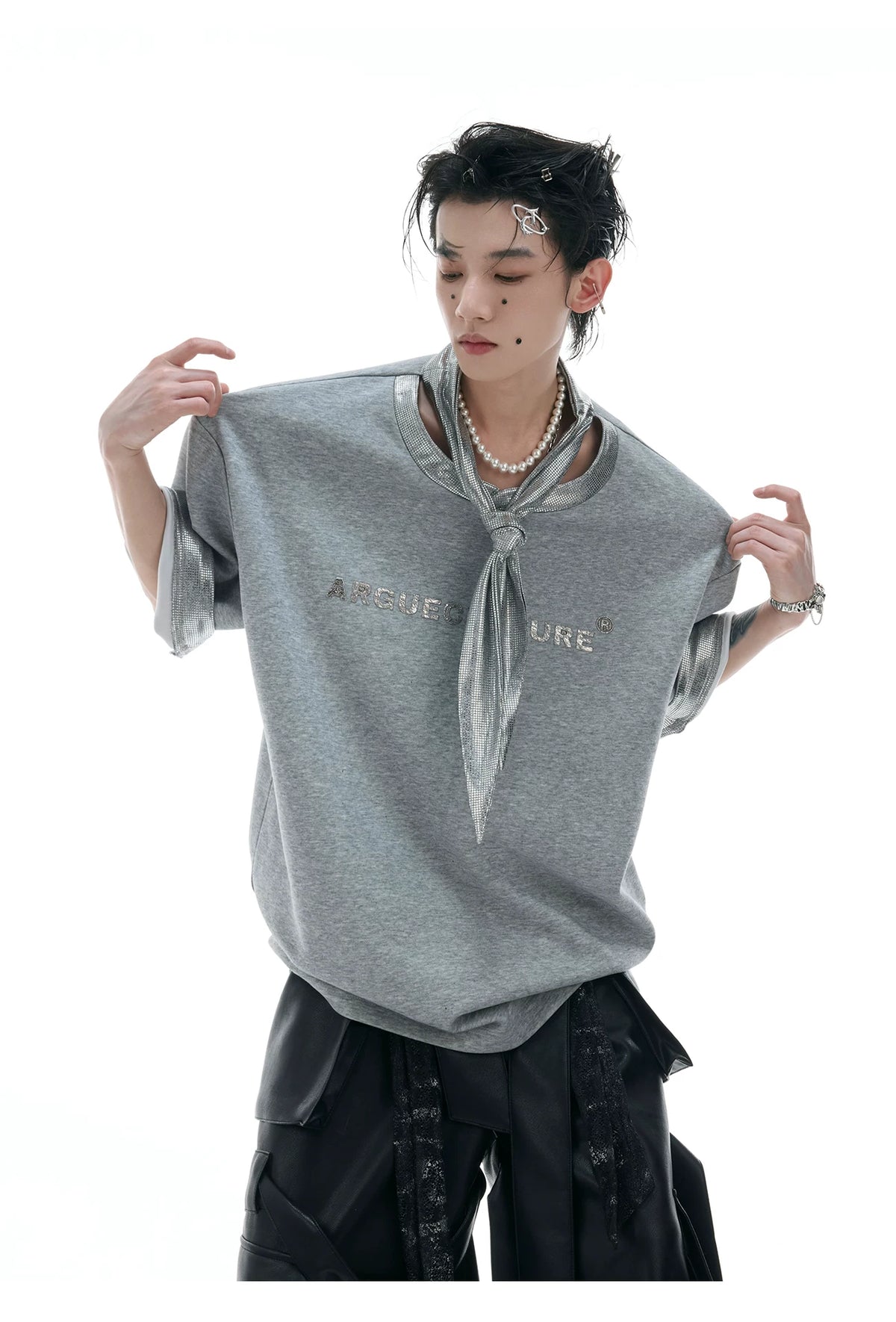 Metallic Tie Graphic T-Shirt | Relaxed Cotton Tee - description image 5