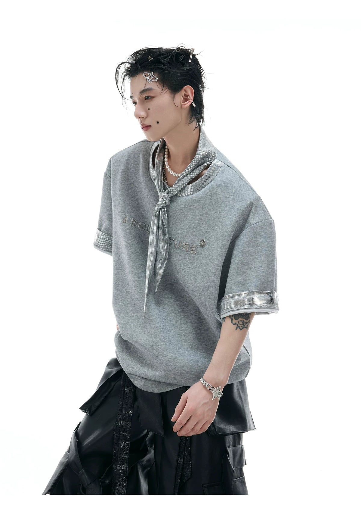 Metallic Tie Graphic T-Shirt | Relaxed Cotton Tee - description image 6