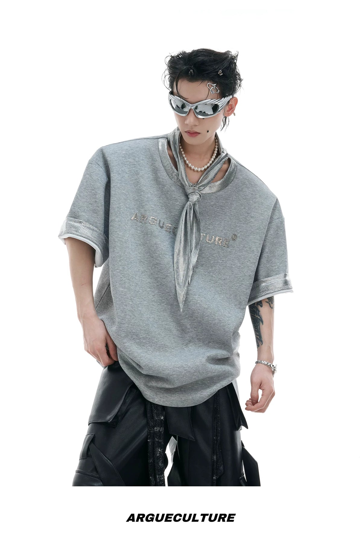Metallic Tie Graphic T-Shirt | Relaxed Cotton Tee - description image 7