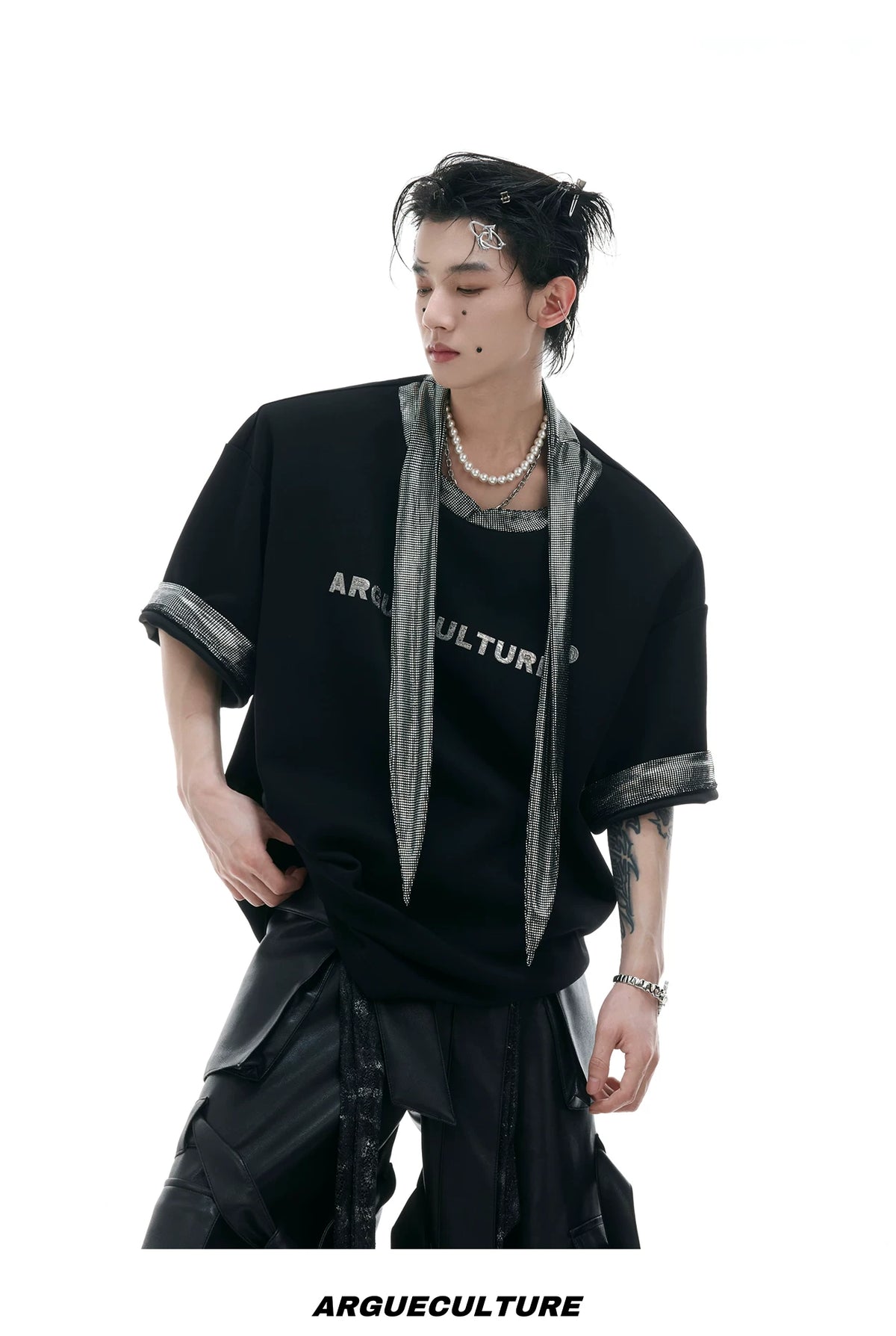 Metallic Tie Graphic T-Shirt | Relaxed Cotton Tee - description image 10