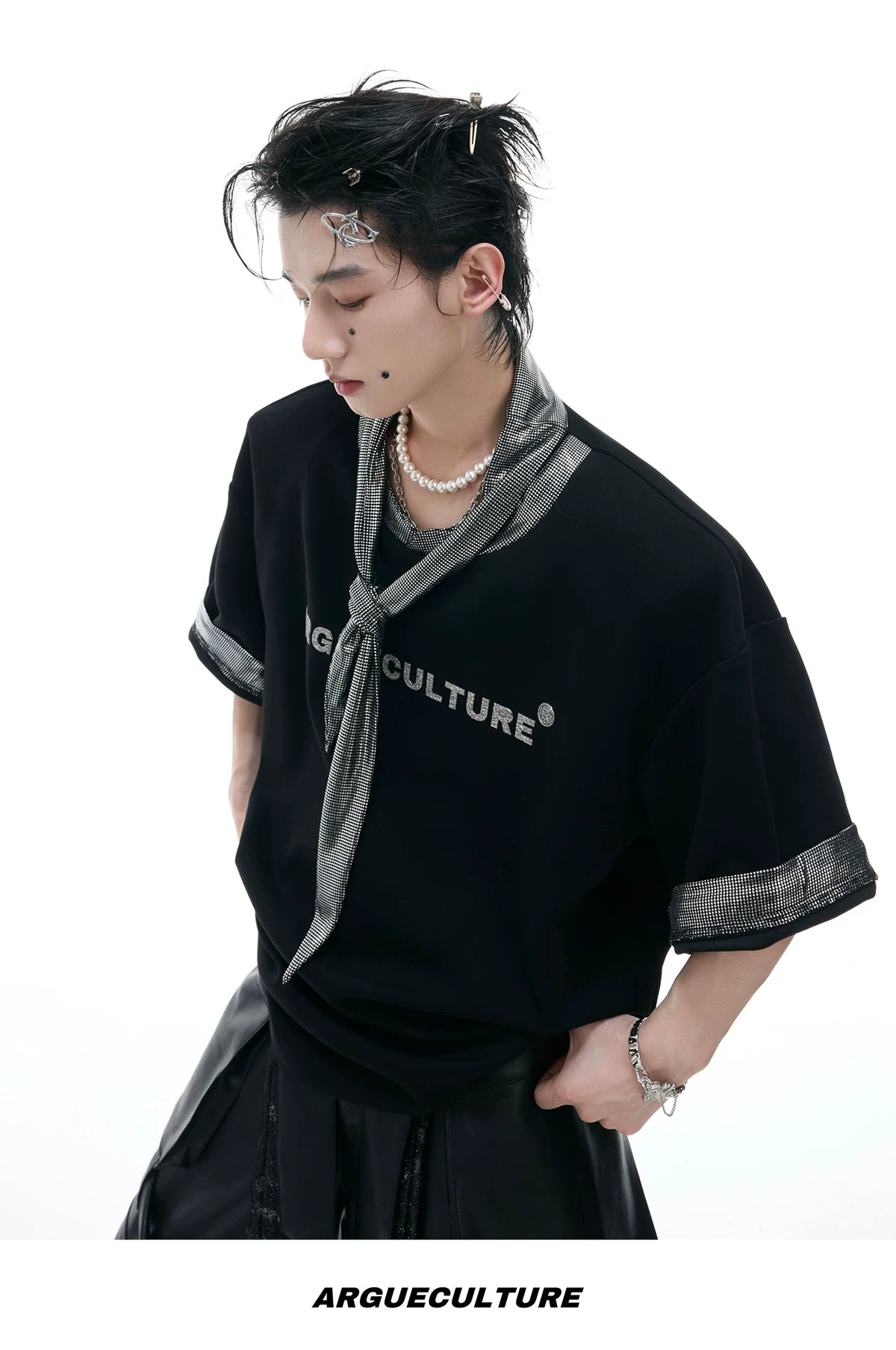 Metallic Tie Graphic T-Shirt | Relaxed Cotton Tee - description image 11