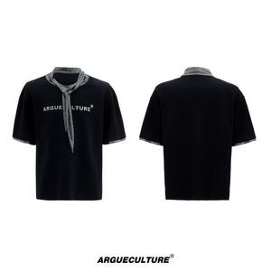 Metallic Tie Graphic T-Shirt | Relaxed Cotton Tee - Black