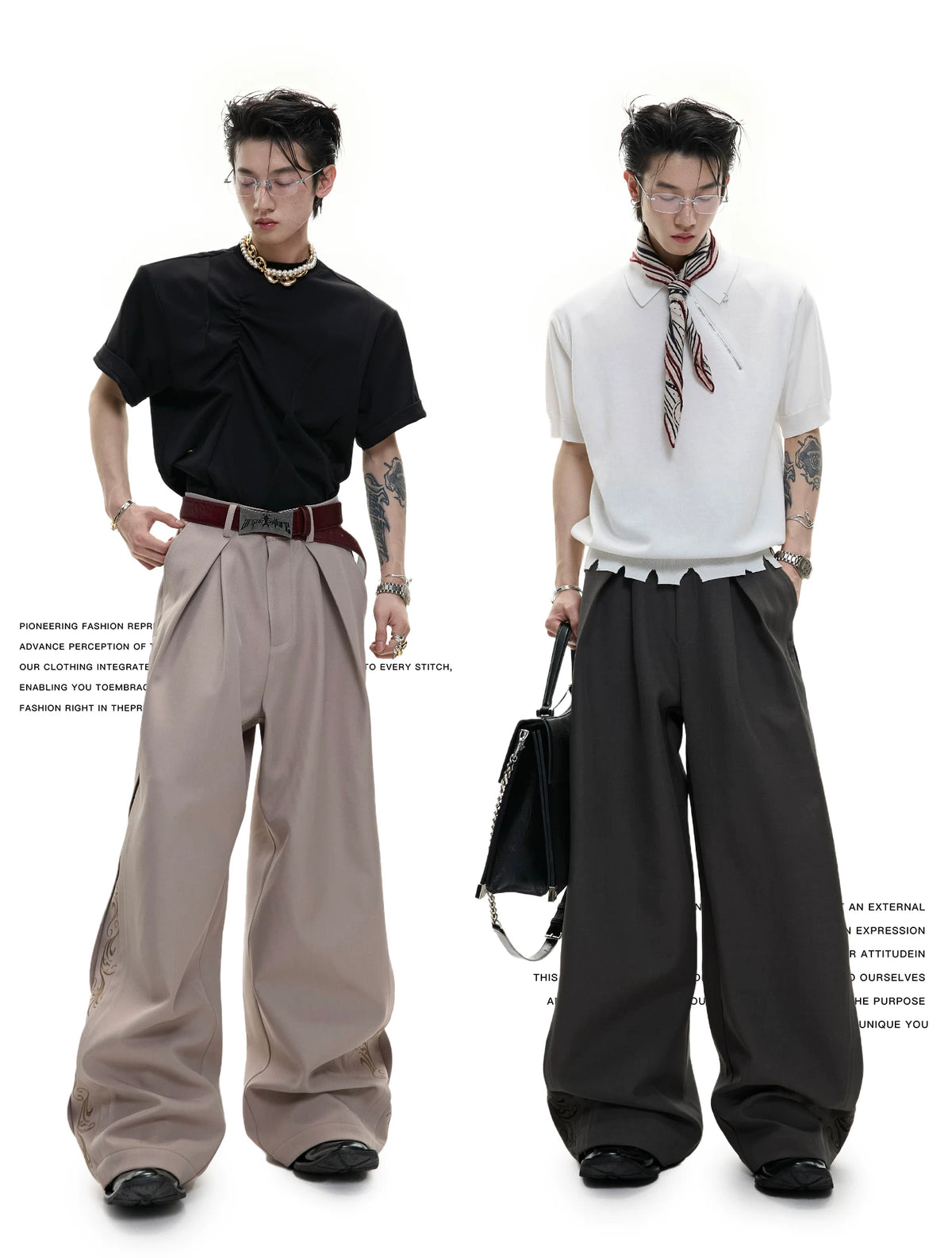 Embroidered Pleated Wide-Leg Trousers | Relaxed Fit - description image 2