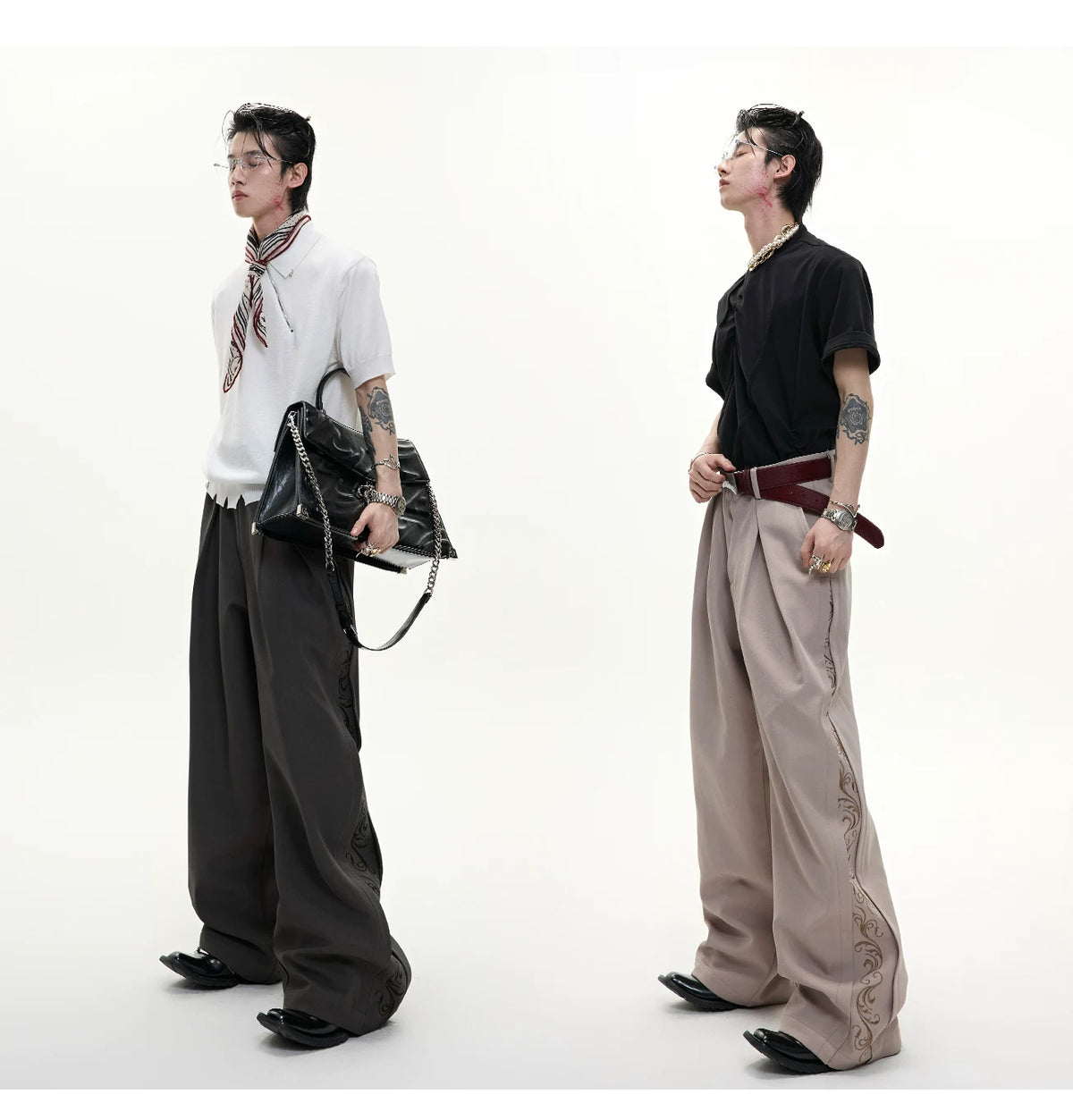 Embroidered Pleated Wide-Leg Trousers | Relaxed Fit - description image 4
