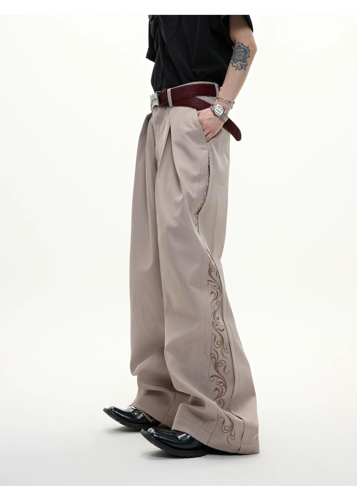 Embroidered Pleated Wide-Leg Trousers | Relaxed Fit - description image 5