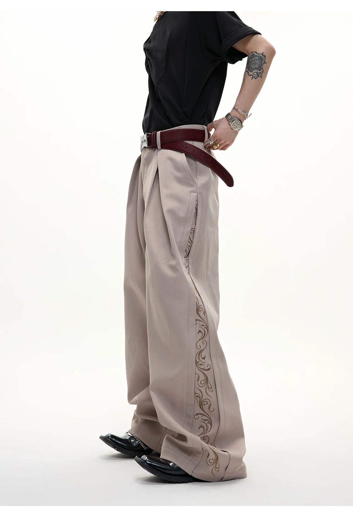 Embroidered Pleated Wide-Leg Trousers | Relaxed Fit - description image 6