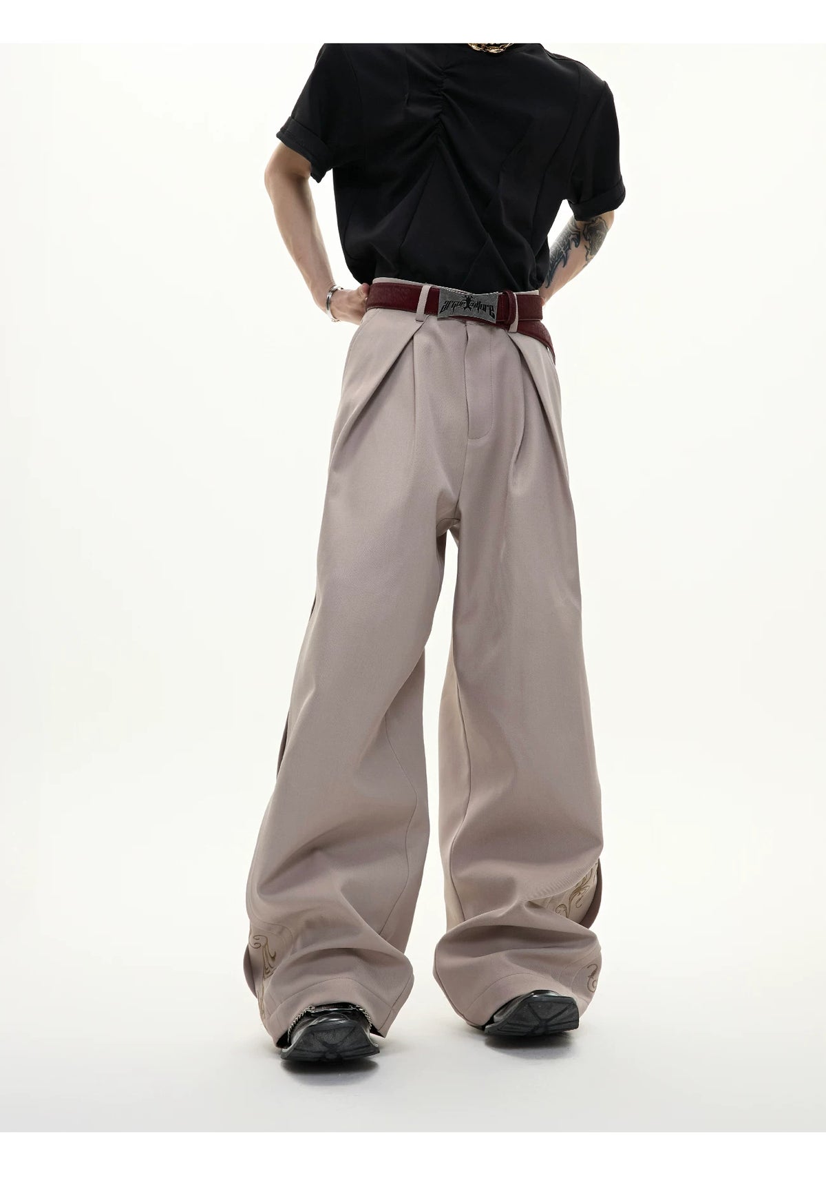 Embroidered Pleated Wide-Leg Trousers | Relaxed Fit - description image 7