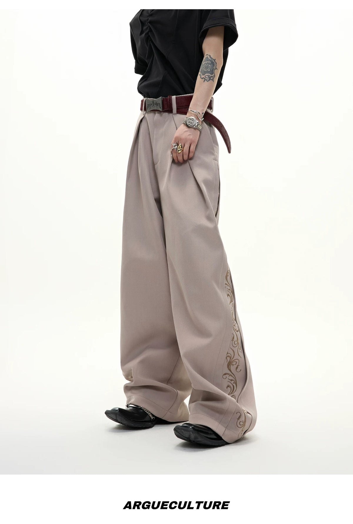 Embroidered Pleated Wide-Leg Trousers | Relaxed Fit - description image 9