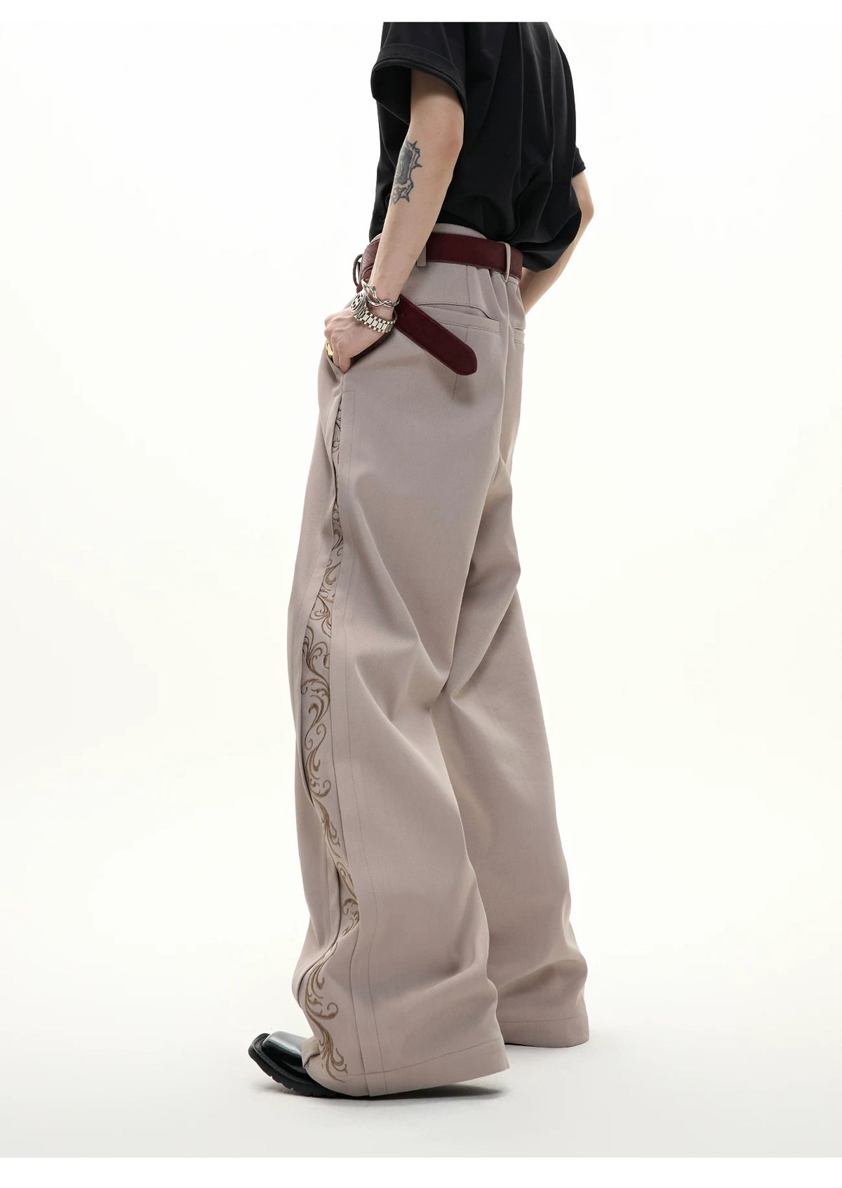 Embroidered Pleated Wide-Leg Trousers | Relaxed Fit - description image 10