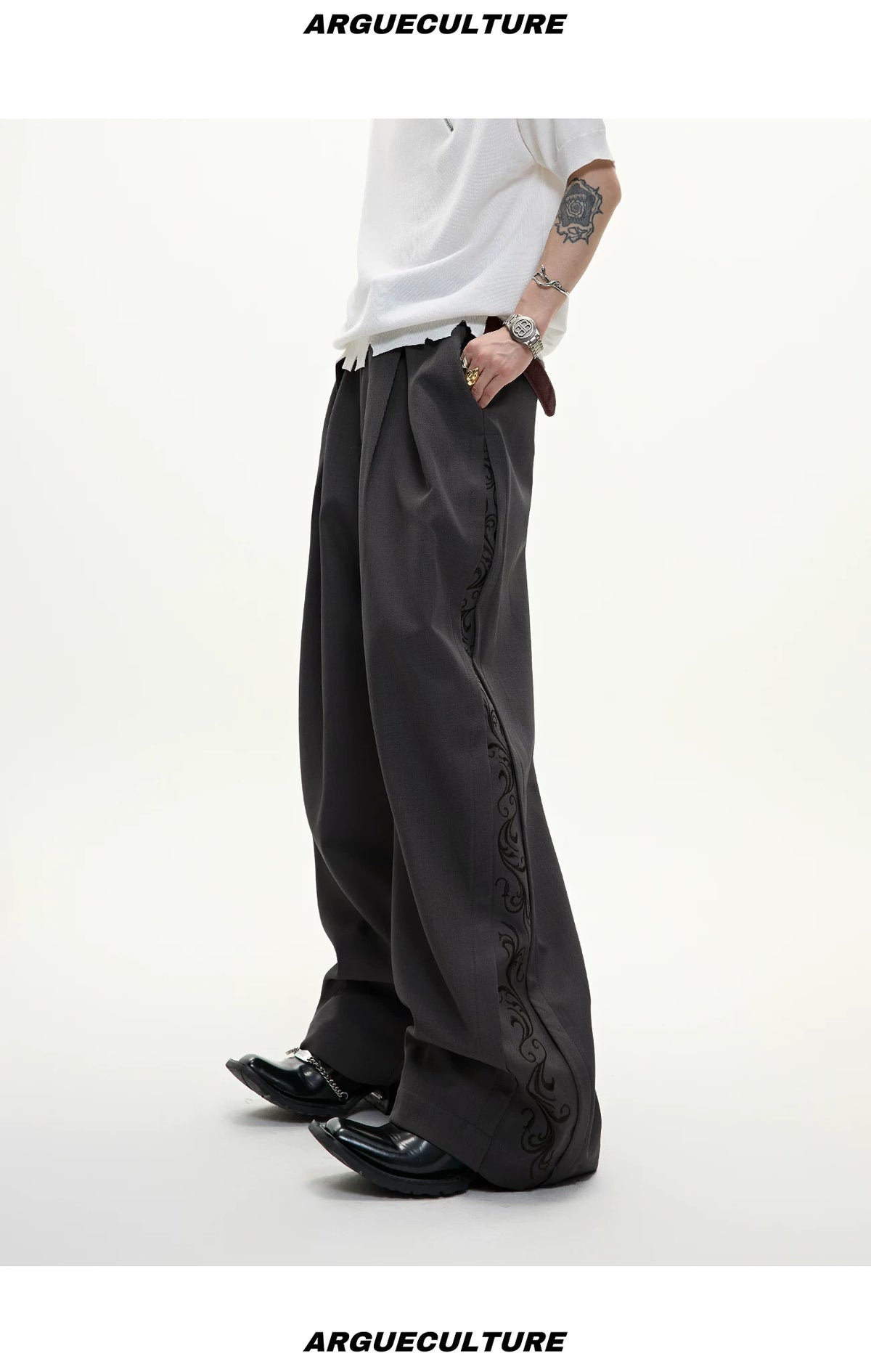 Embroidered Pleated Wide-Leg Trousers | Relaxed Fit - description image 11