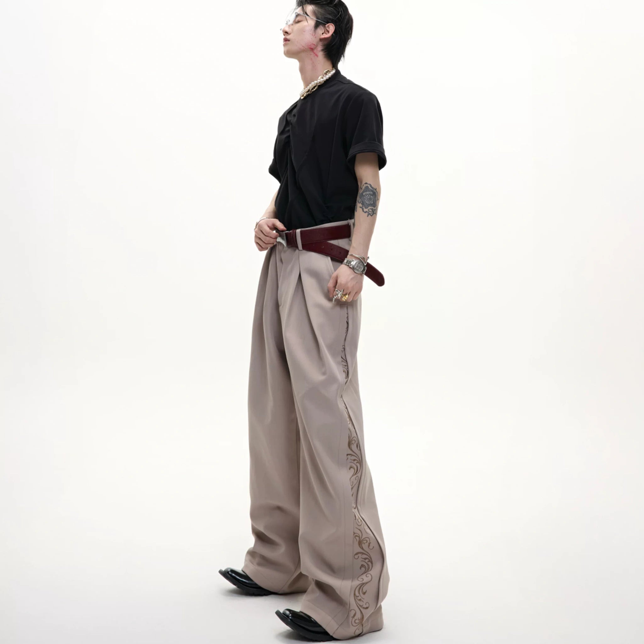 Embroidered Pleated Wide-Leg Trousers | Relaxed Fit - main image 3