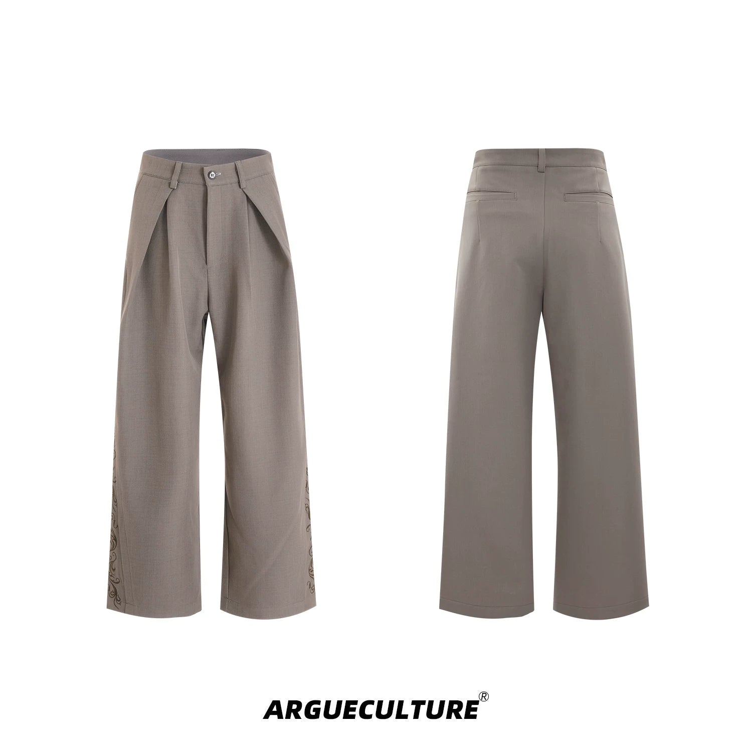 Embroidered Pleated Wide-Leg Trousers | Relaxed Fit - Khaki Trousers