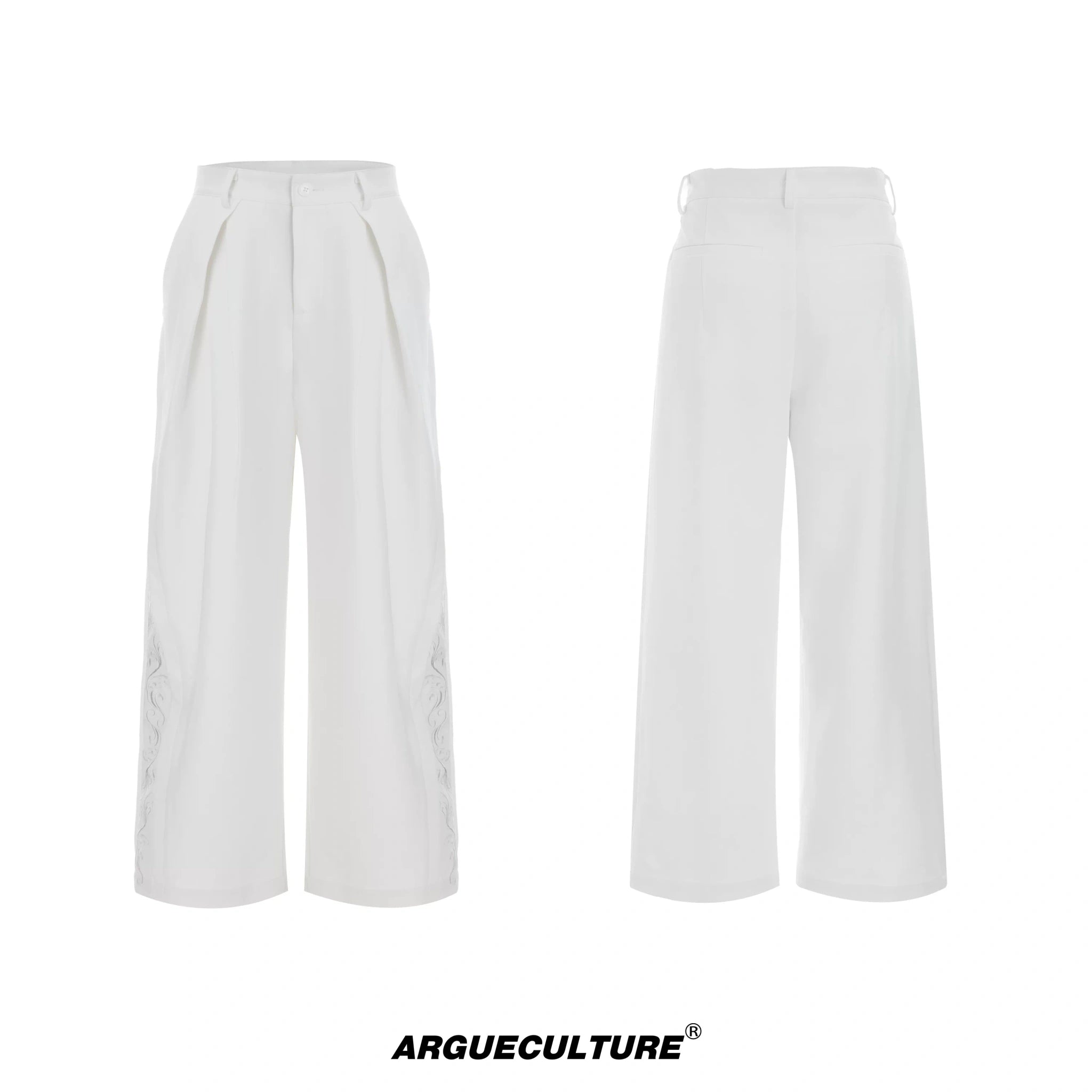 Embroidered Pleated Wide-Leg Trousers | Relaxed Fit - White Trousers