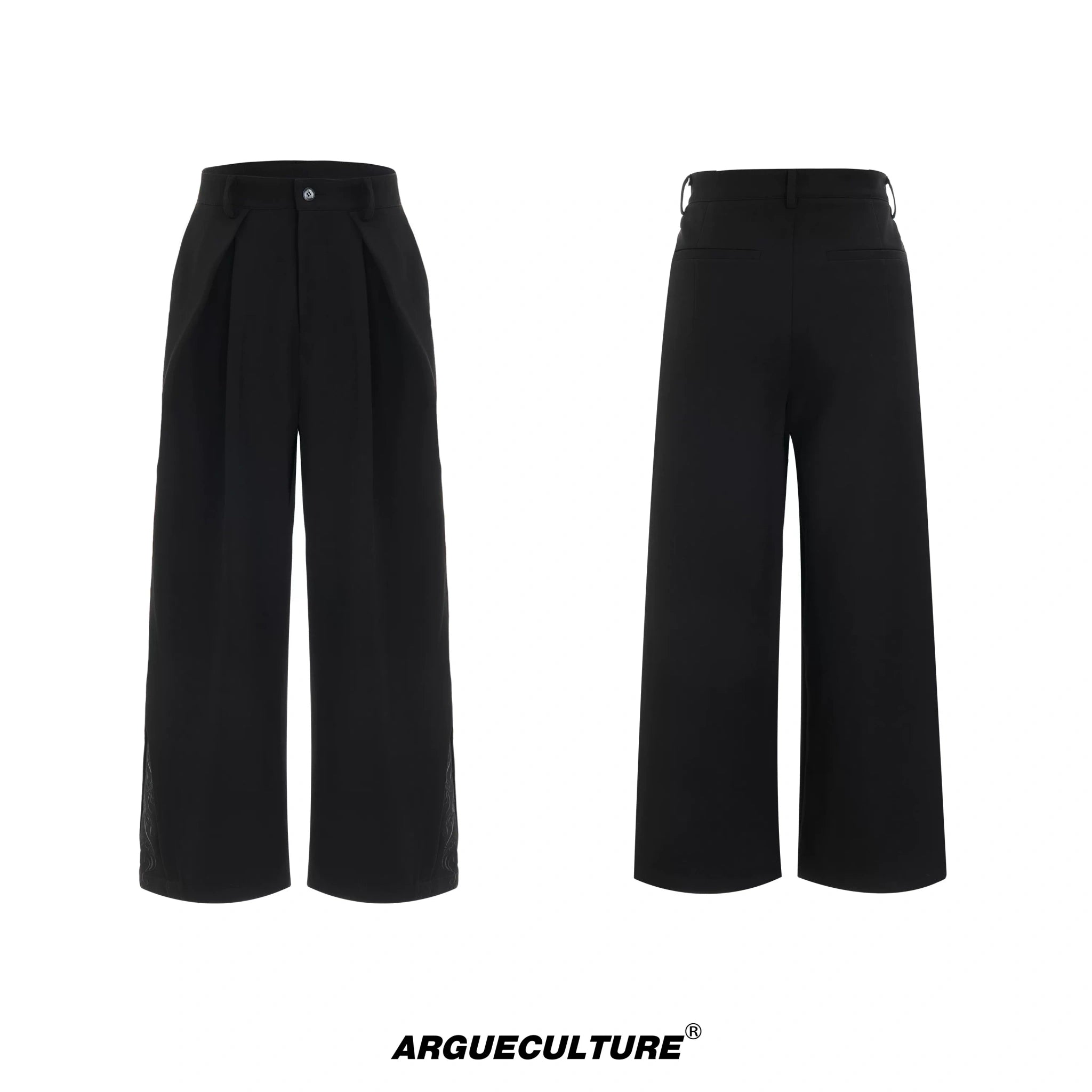Embroidered Pleated Wide-Leg Trousers | Relaxed Fit - Black Trousers