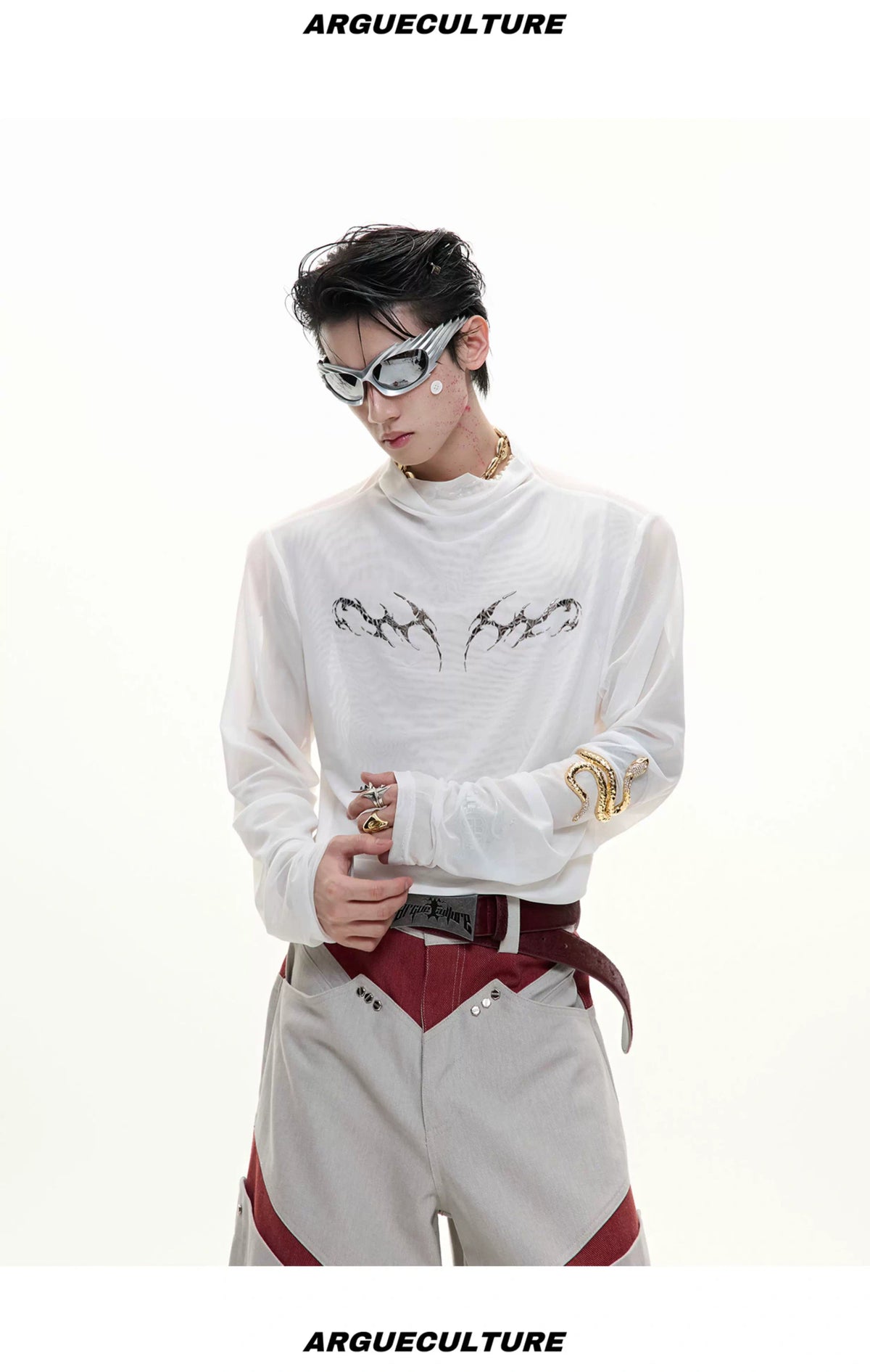 Embossed Mesh Long-Sleeve Tee in Polyester Blend - description image 11