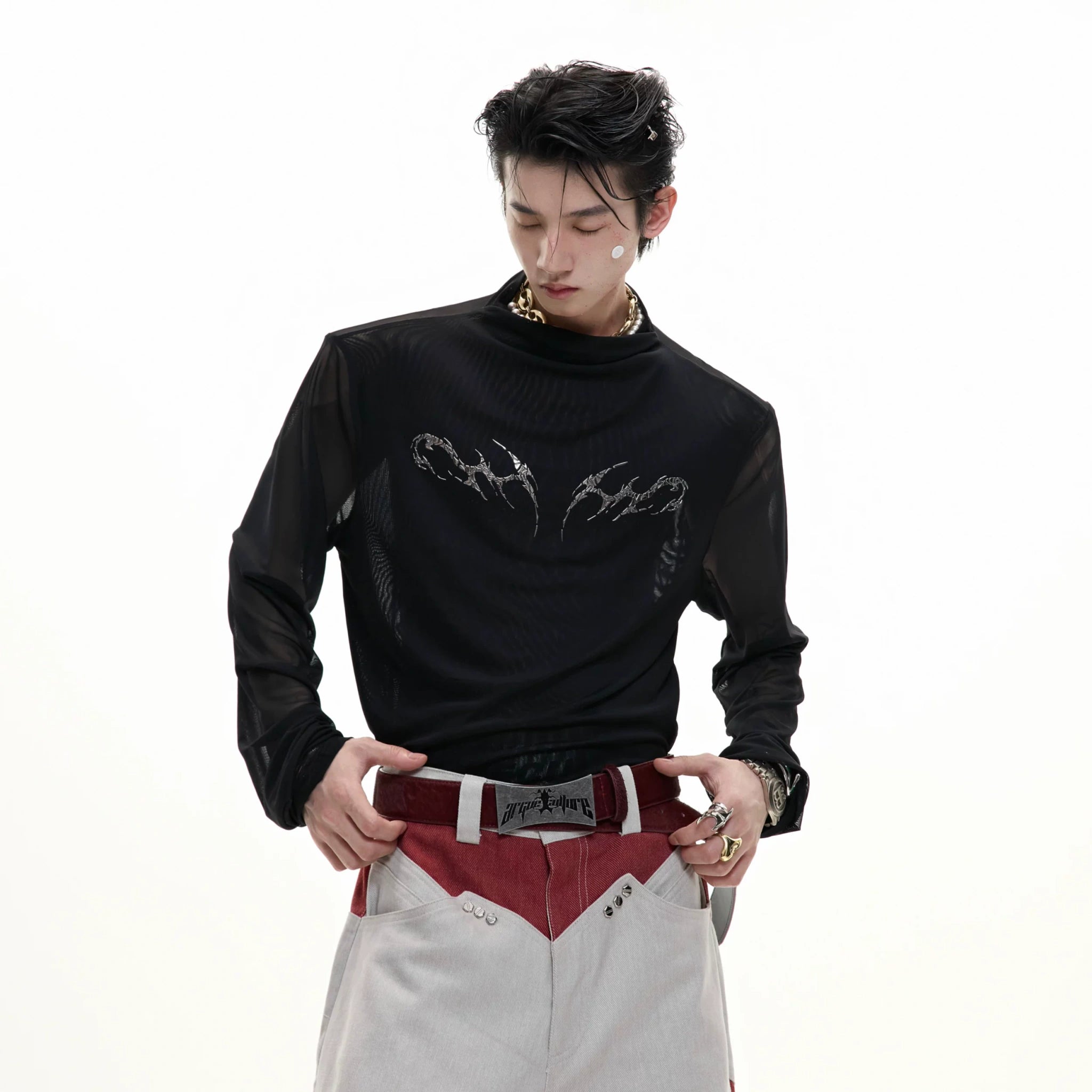 Embossed Mesh Long-Sleeve Tee in Polyester Blend - main image 2