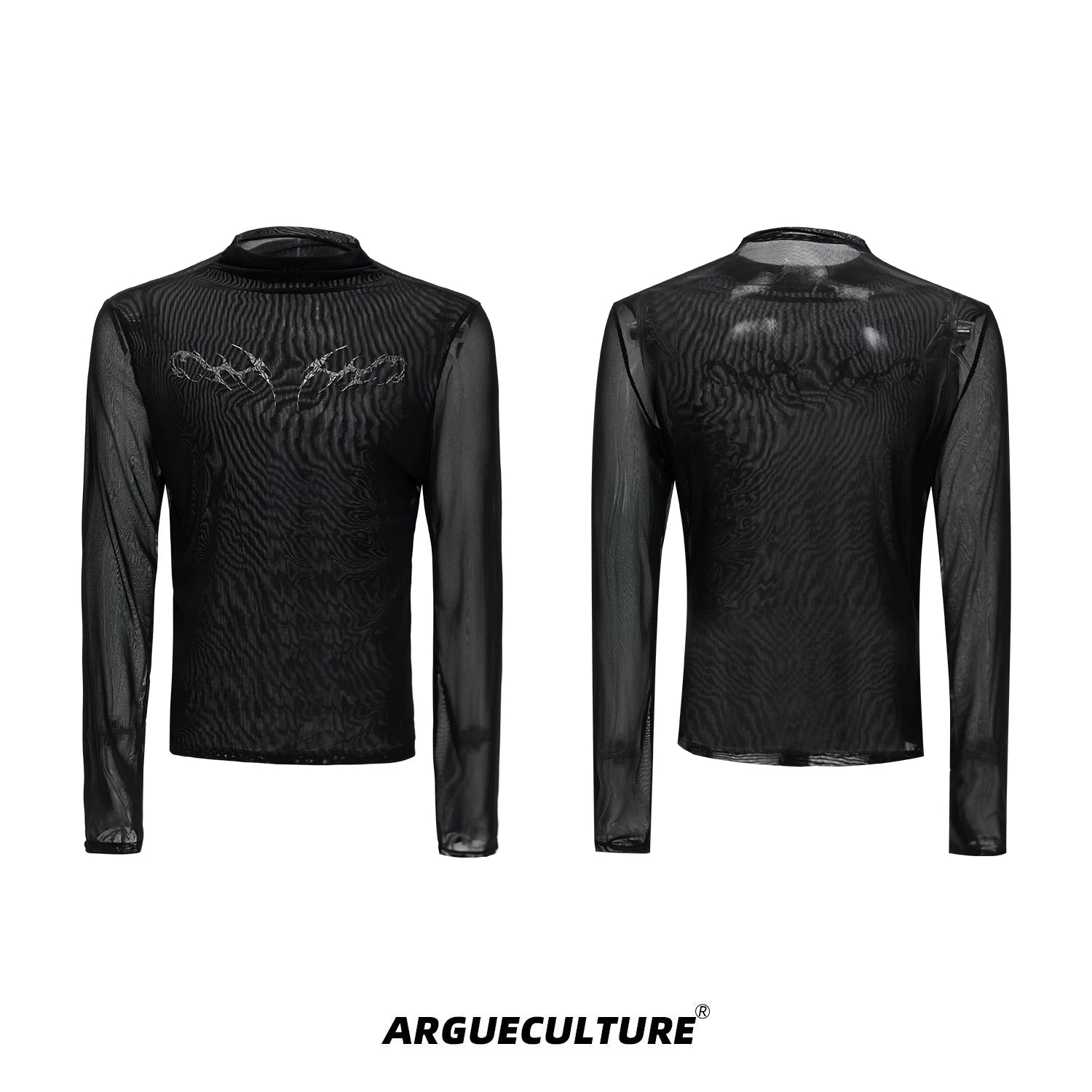 Embossed Mesh Long-Sleeve Tee in Polyester Blend - Black