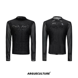Embossed Mesh Long-Sleeve Tee in Polyester Blend - Black