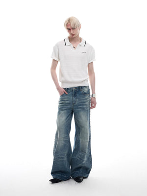 Washed Blue Loose Straight-Leg Rivet Detail Jeans - main image 4