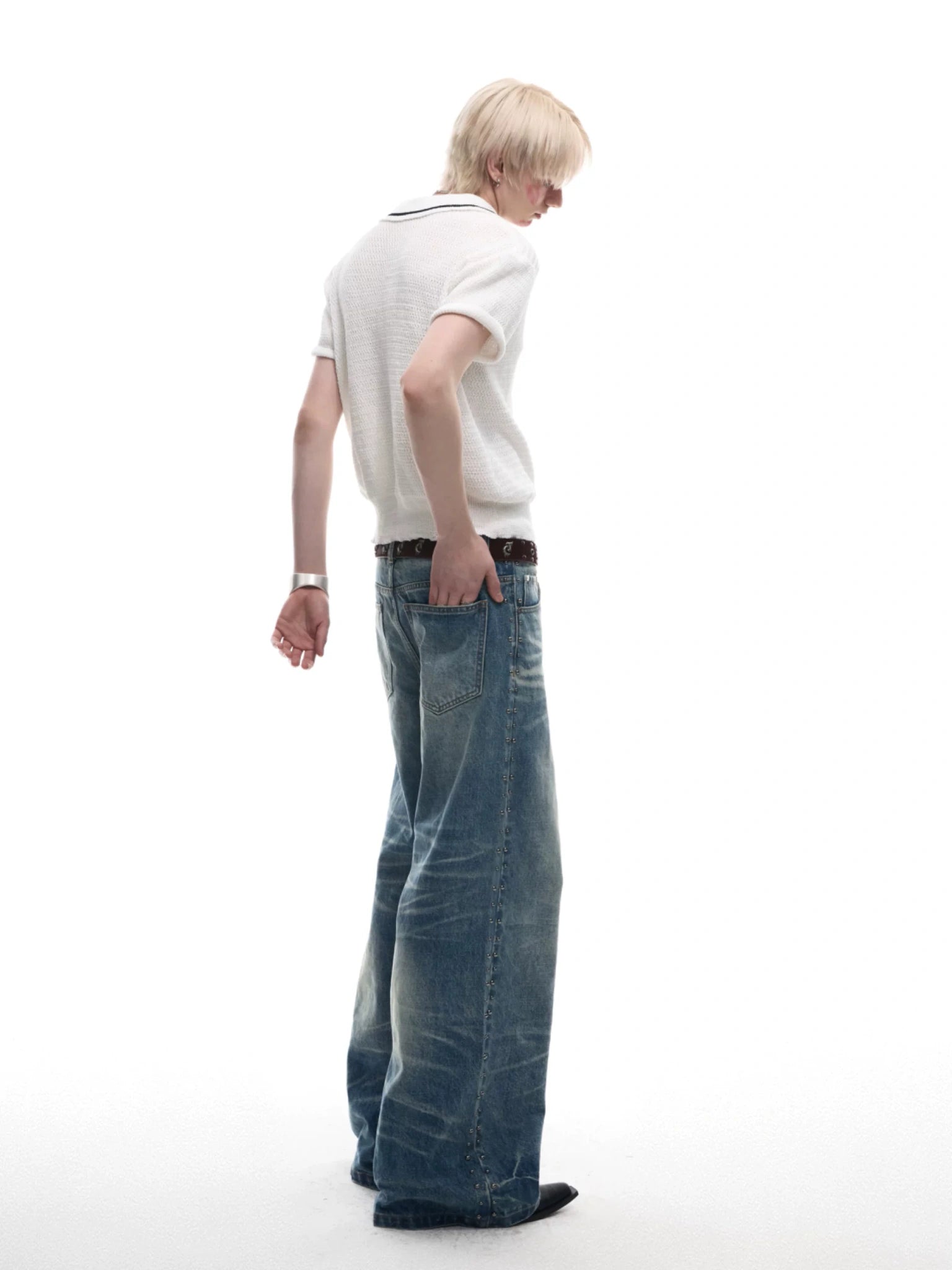 Washed Blue Loose Straight-Leg Rivet Detail Jeans - main image 5