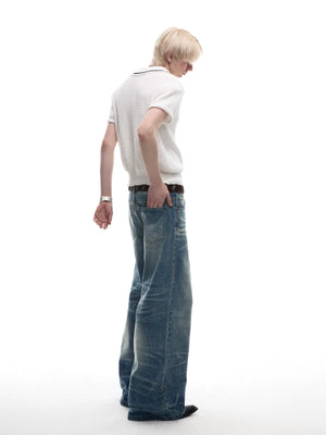 Washed Blue Loose Straight-Leg Rivet Detail Jeans - main image 5
