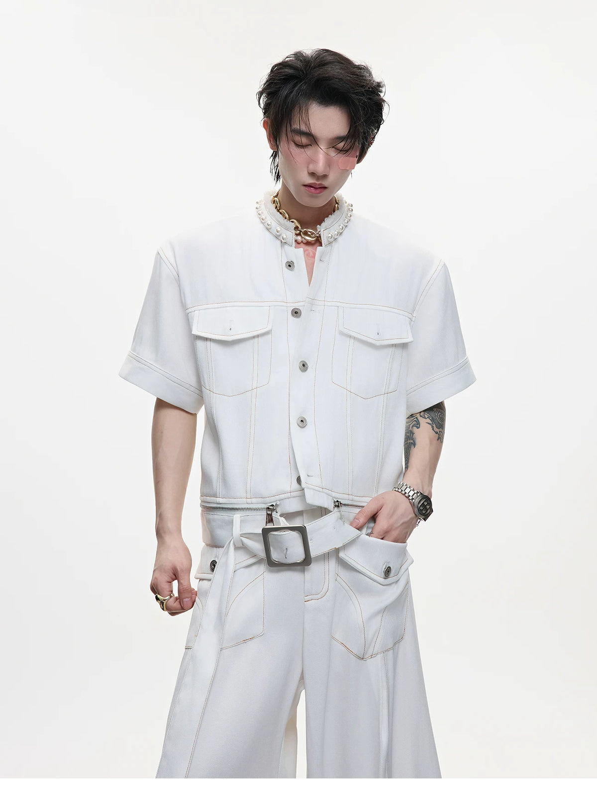 Pearl-Trimmed Distressed Denim Separates | Short Sleeve - description image 3
