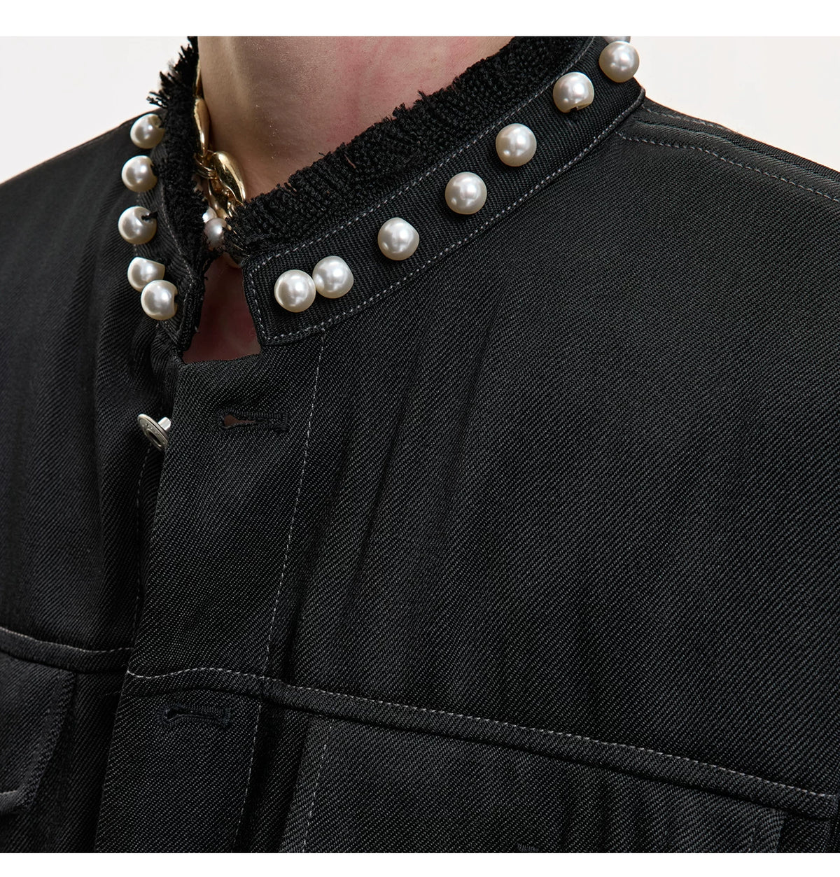 Pearl-Trimmed Distressed Denim Separates | Short Sleeve - description image 4